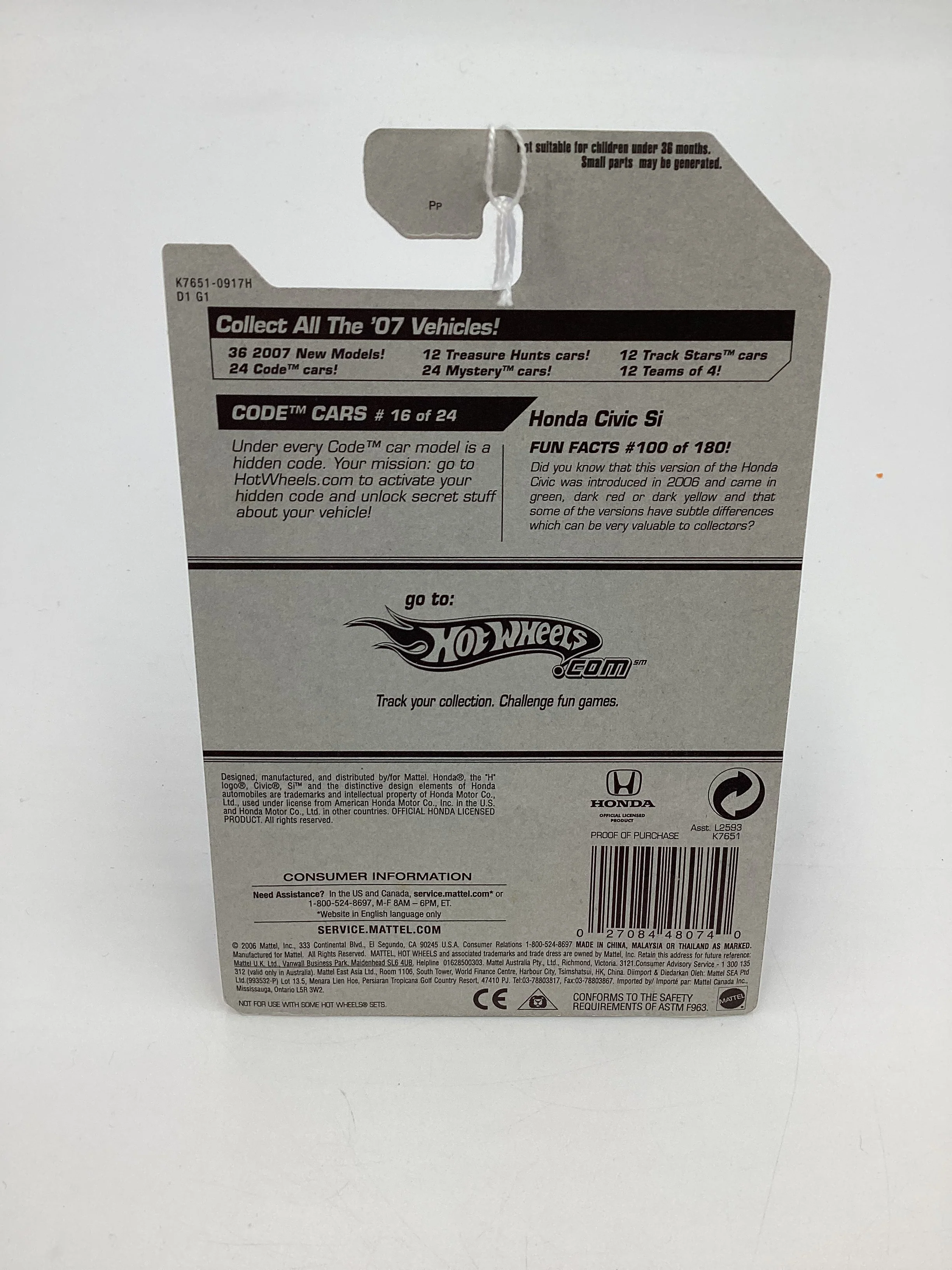 2007 Hot wheels #100 Code Cars Blue Honda Civic Si SR - Image 7