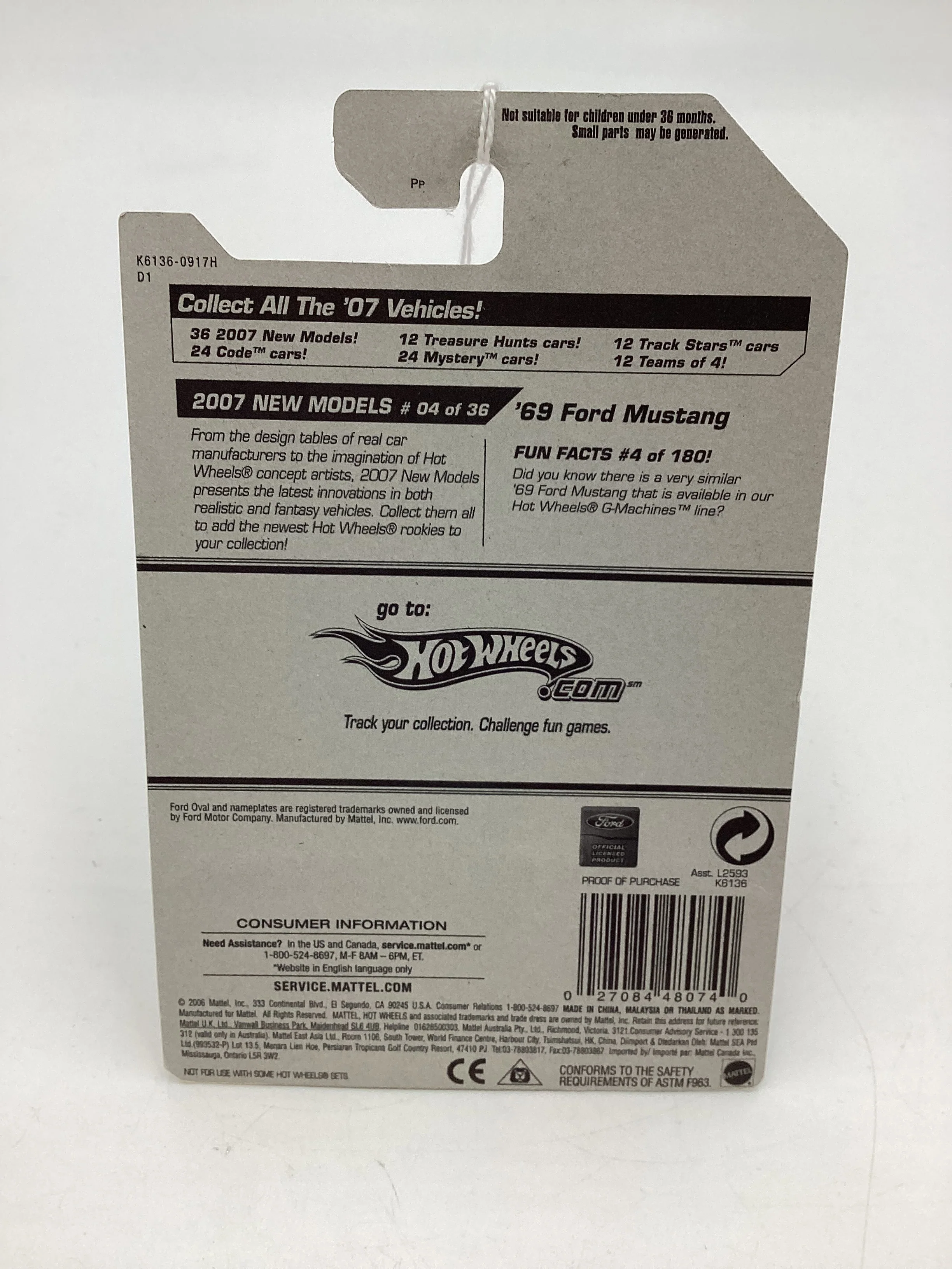 2007 Hot Wheels New Models #4 69 Ford Mustang White 26H - Image 8