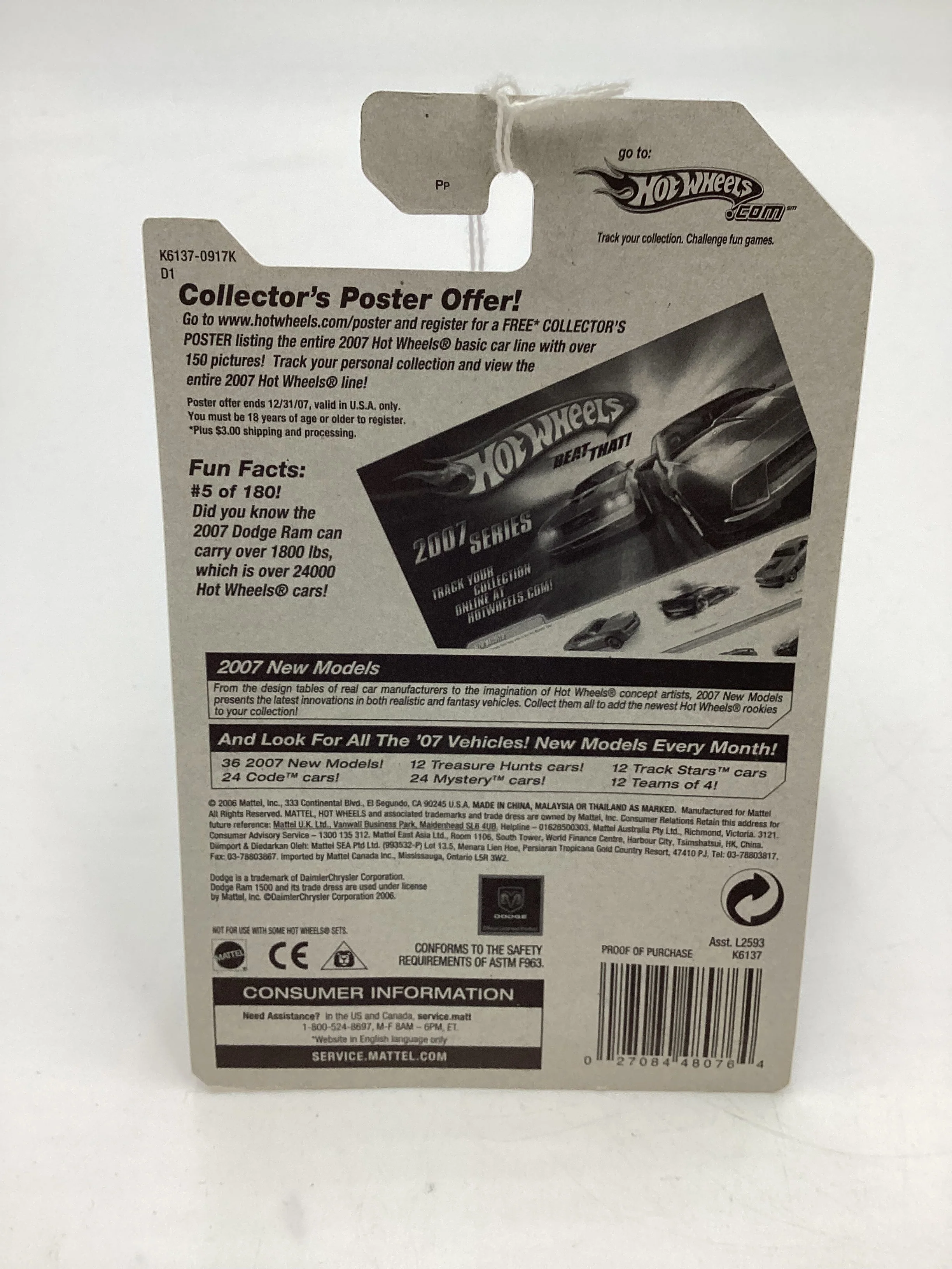 2007 Hot Wheels New Models #5 Dodge Ram 1500 Black 39B - Image 8