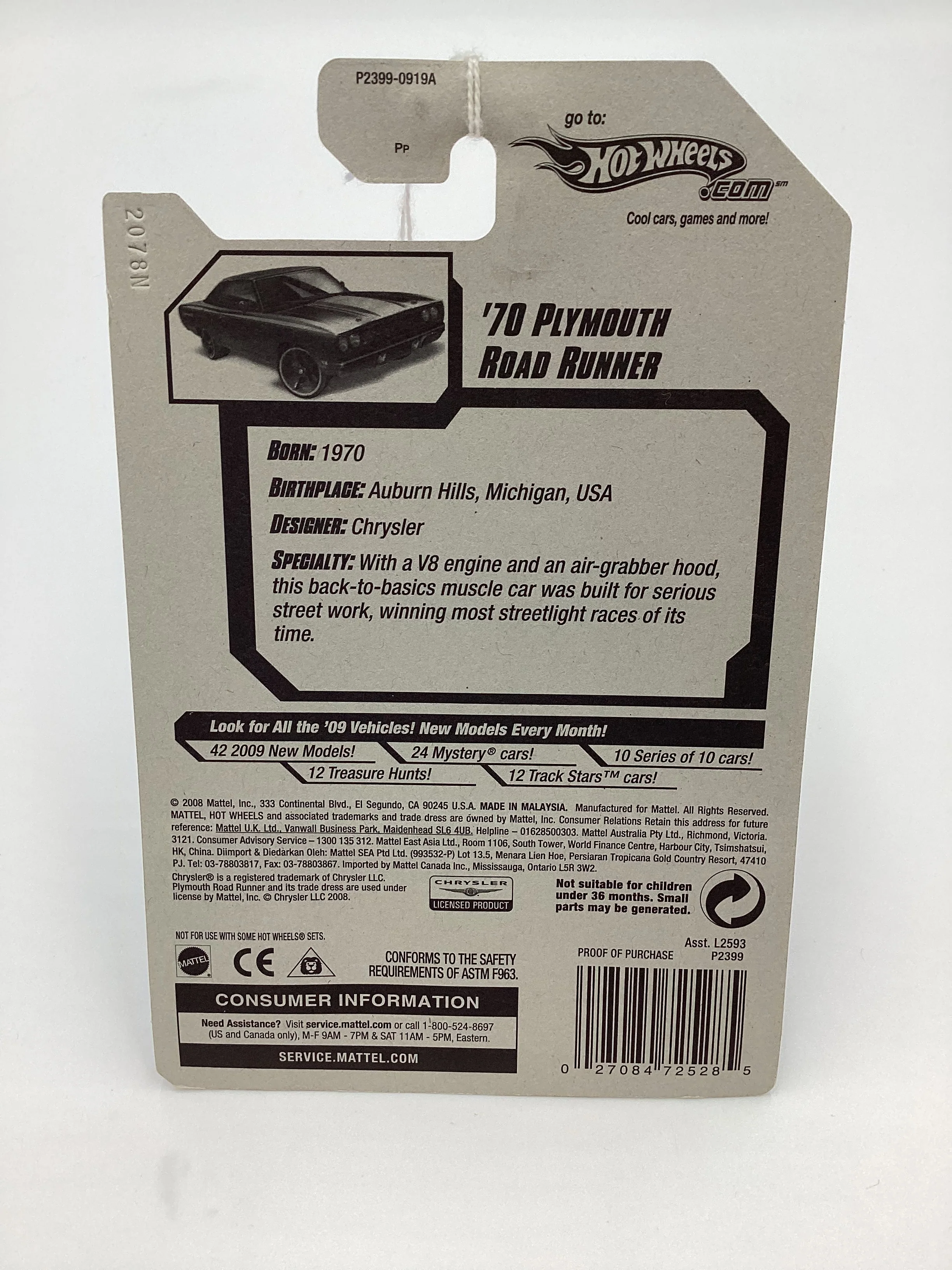 2009 Hot Wheels #079 70 Plymouth Road Runner Black 47D - Image 8