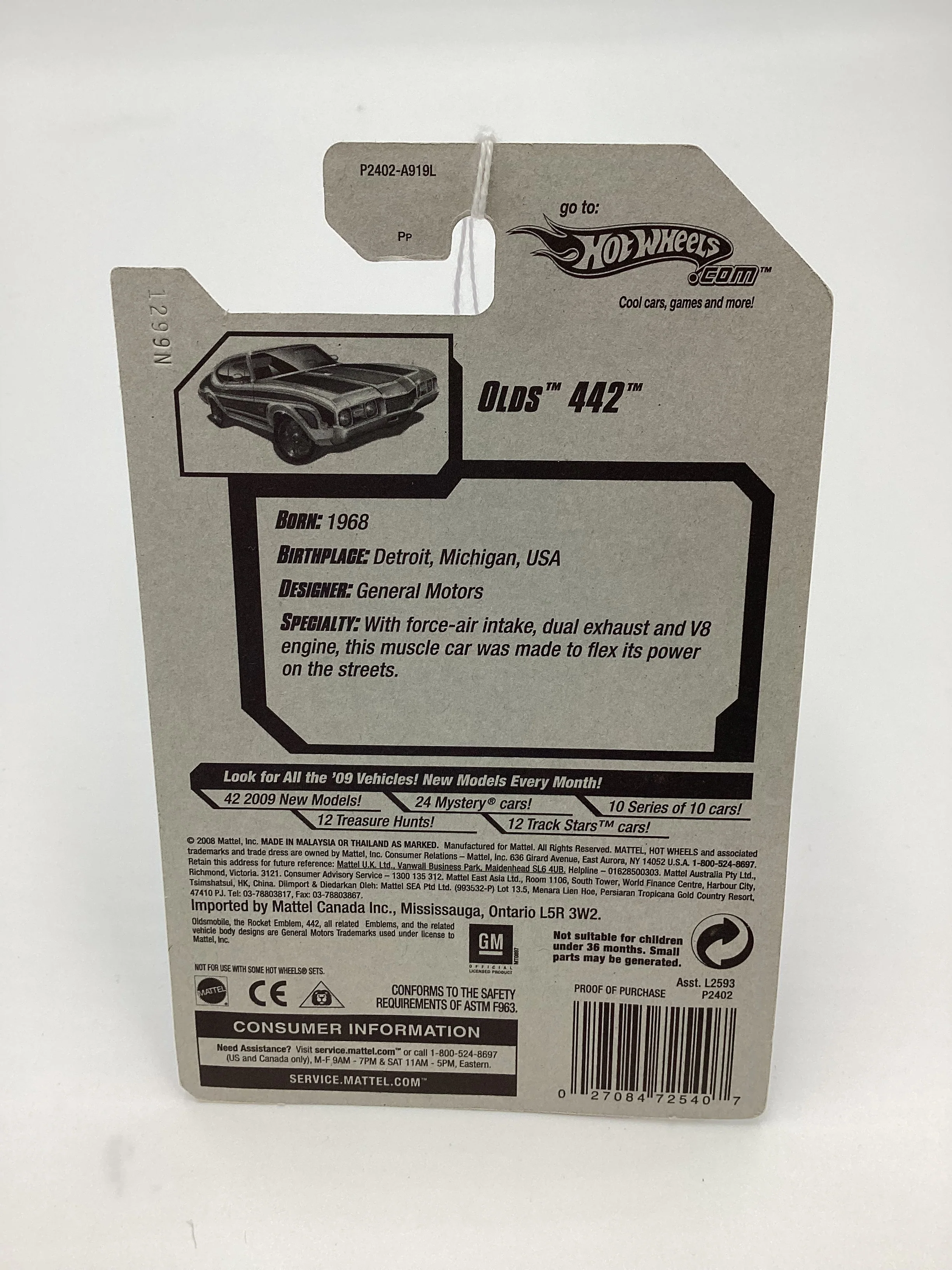 2009 Hot Wheels #082 Olds 442 White/Black/Red - Image 7