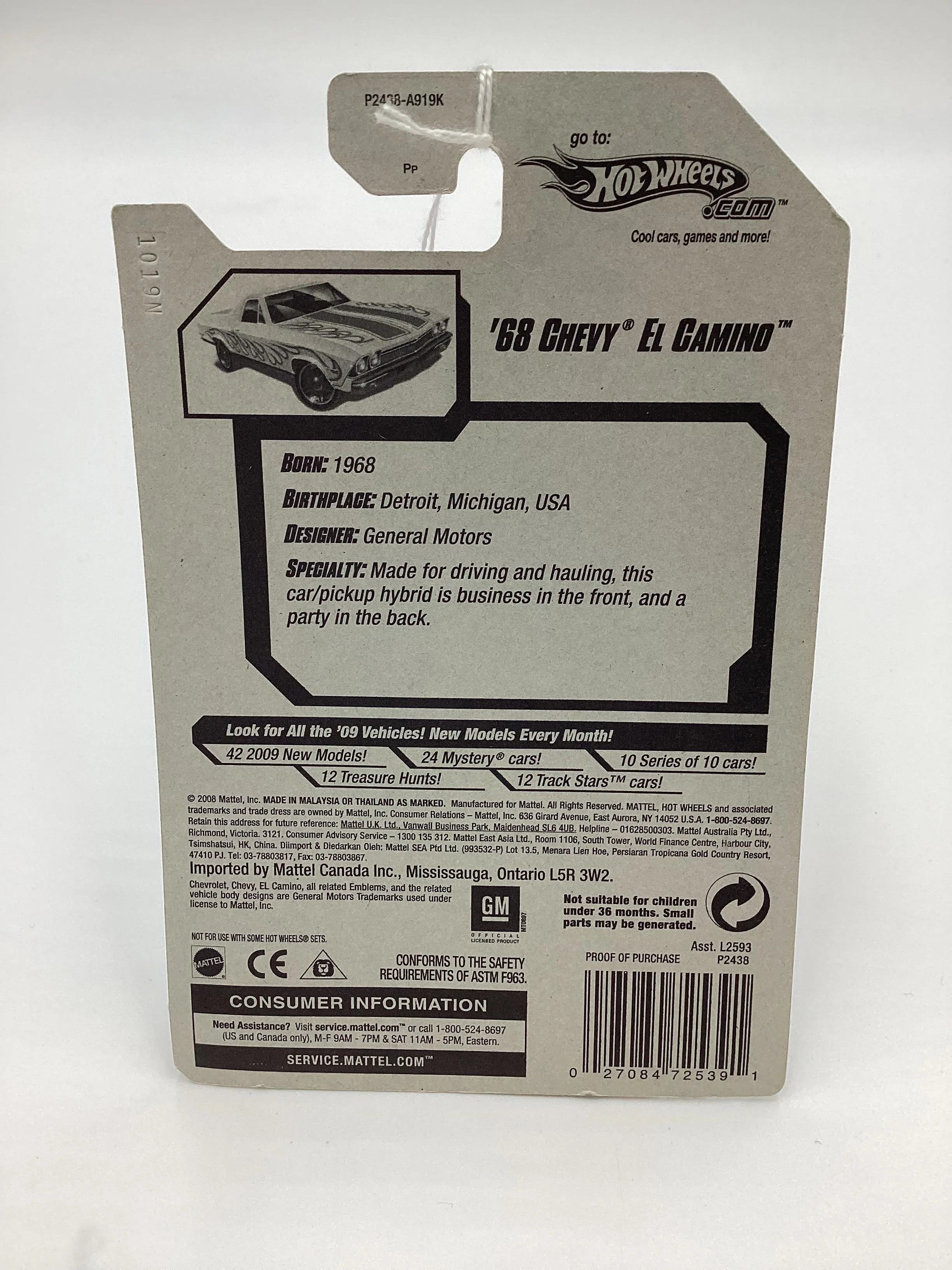 2009 Hot Wheels #118 68 Chevy El Camino White Walmart Exclusive 239A - Image 7