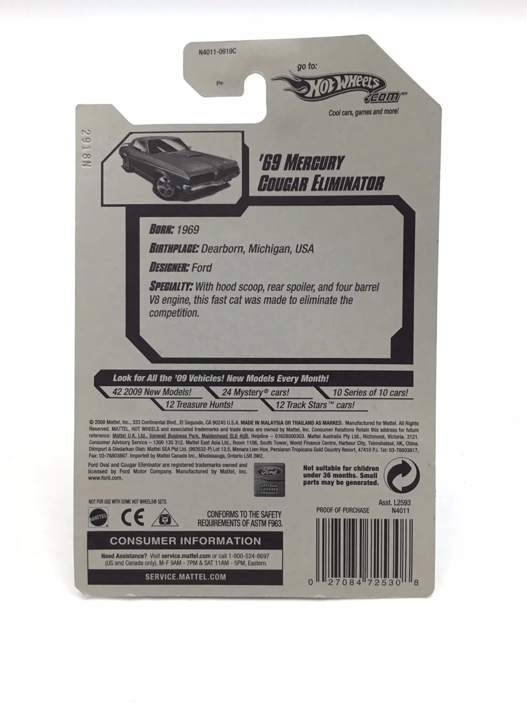 2009 Hot wheels #8 69 Mercury Cougar Eliminator Y4 - Image 6