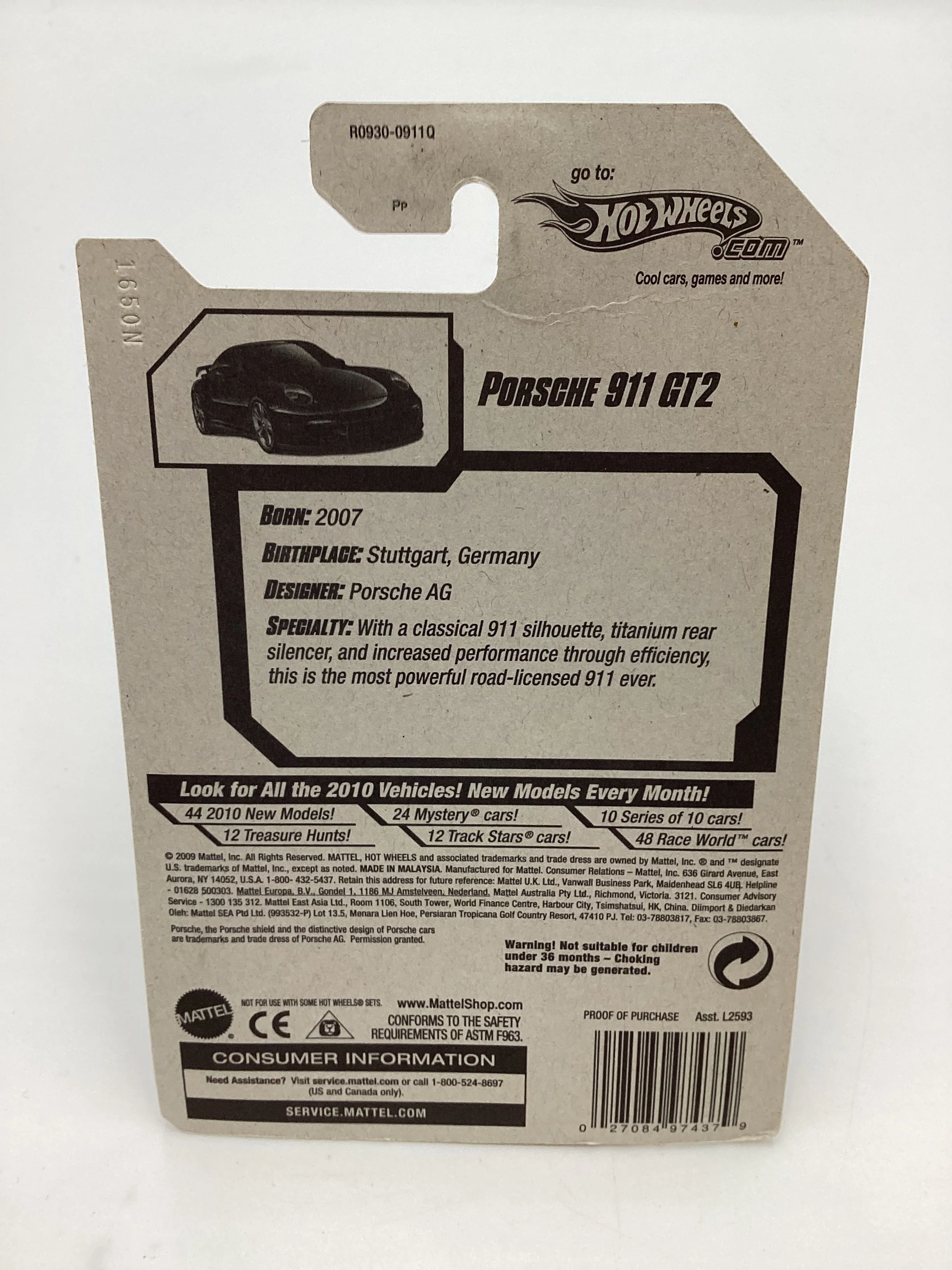 2010 Hot Wheels #014 Porsche 911 GT2 Black with protector - Image 7