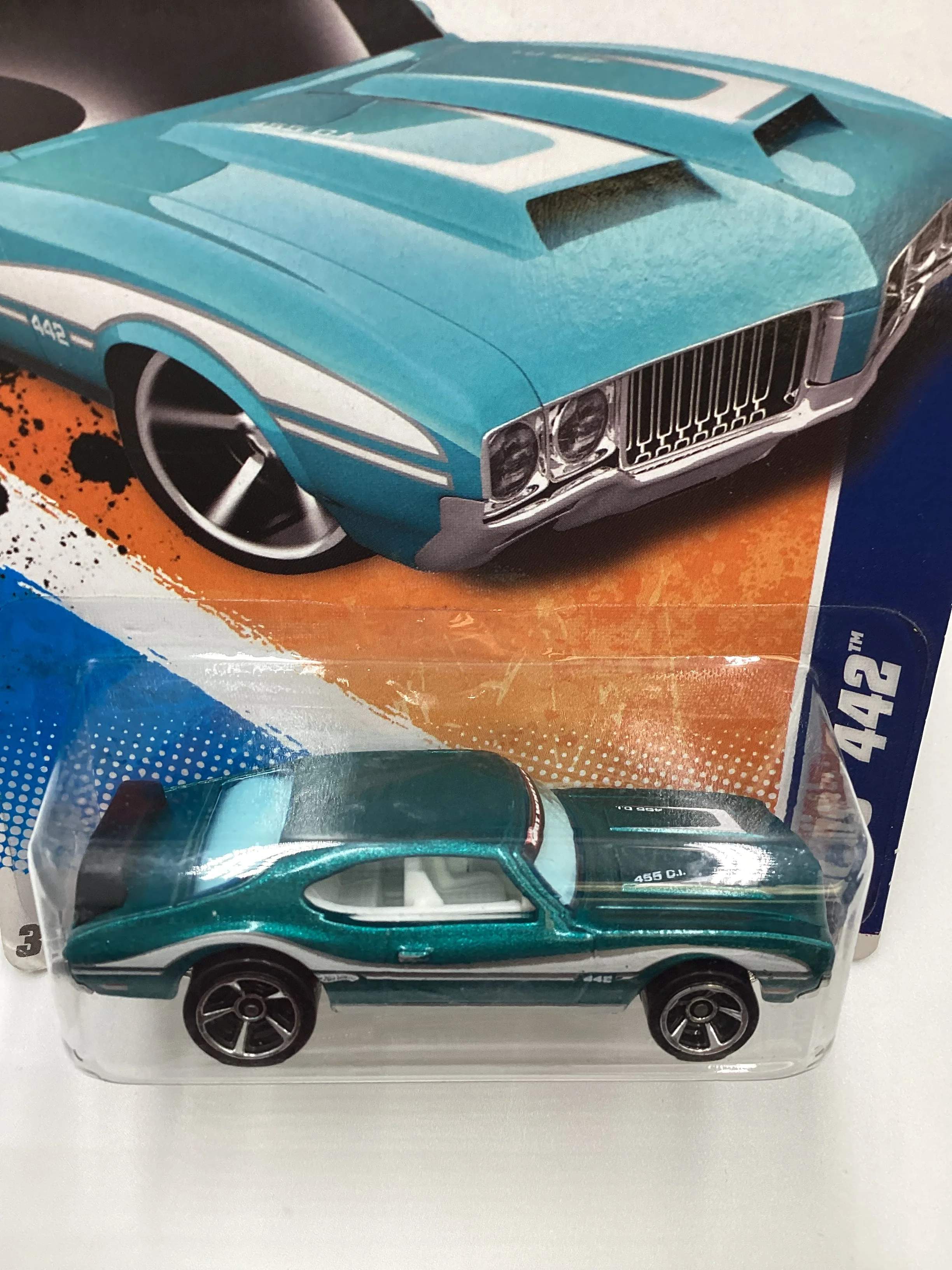 2011 Hot Wheels #109 Olds 442 Teal Walmart Exclusive Banner 235C - Image 6