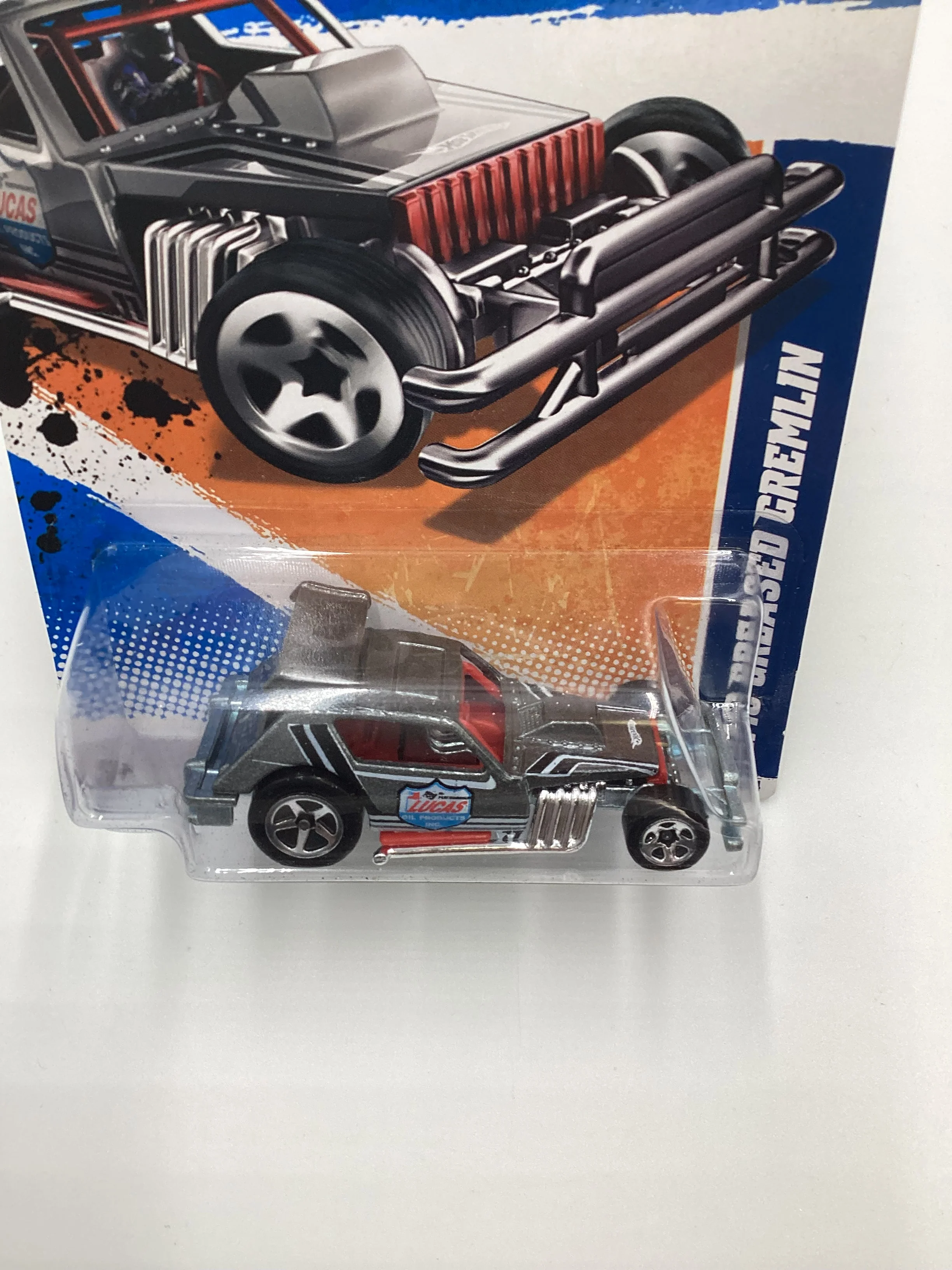 2011 Hot Wheels #137 AMC Greased Gremlin Lucas Oil Gray Green Lantern Card - Image 6