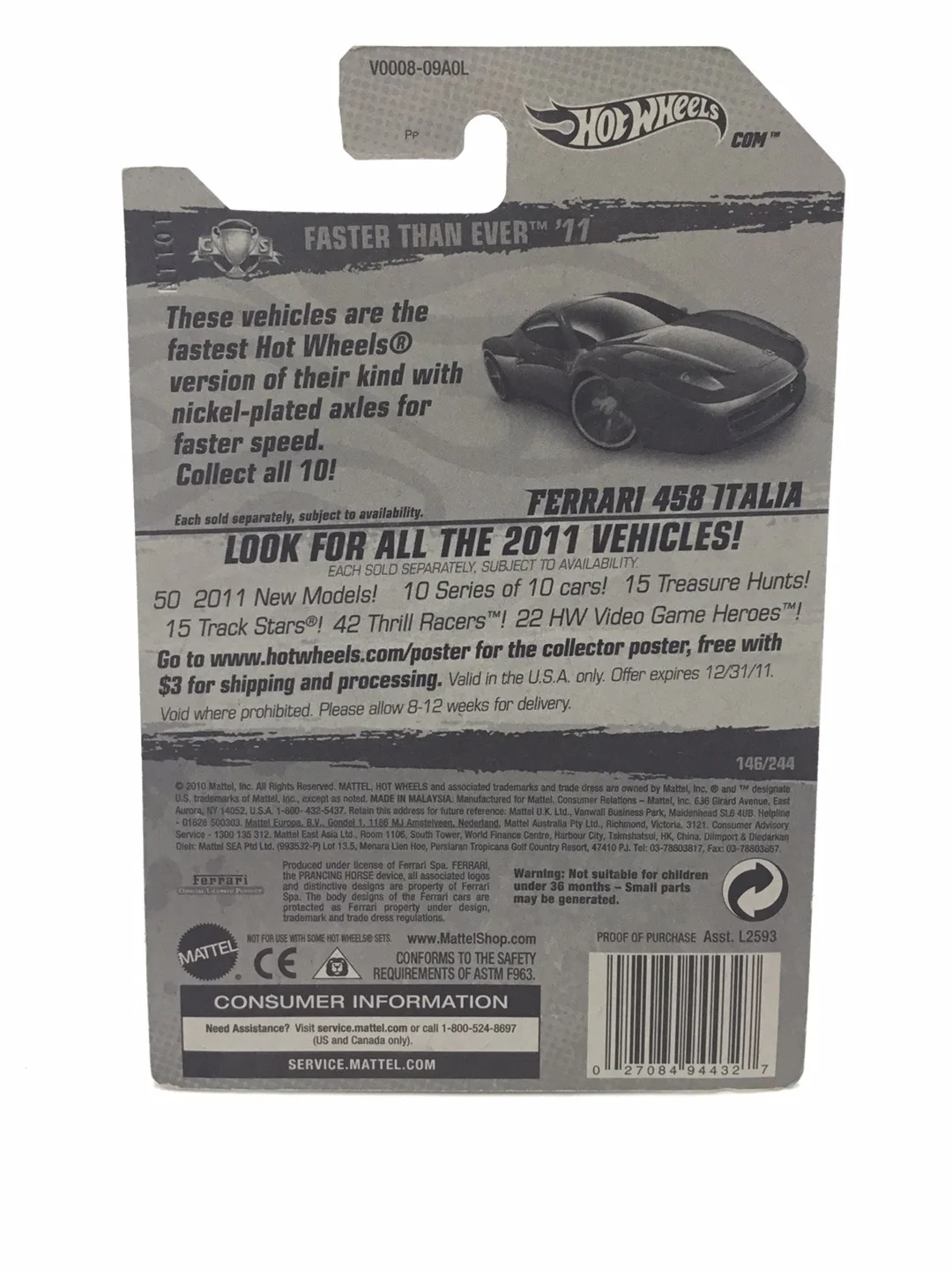 2011 Hot wheels #146 Ferrari 458 Italia Faster than ever with protector - Image 6