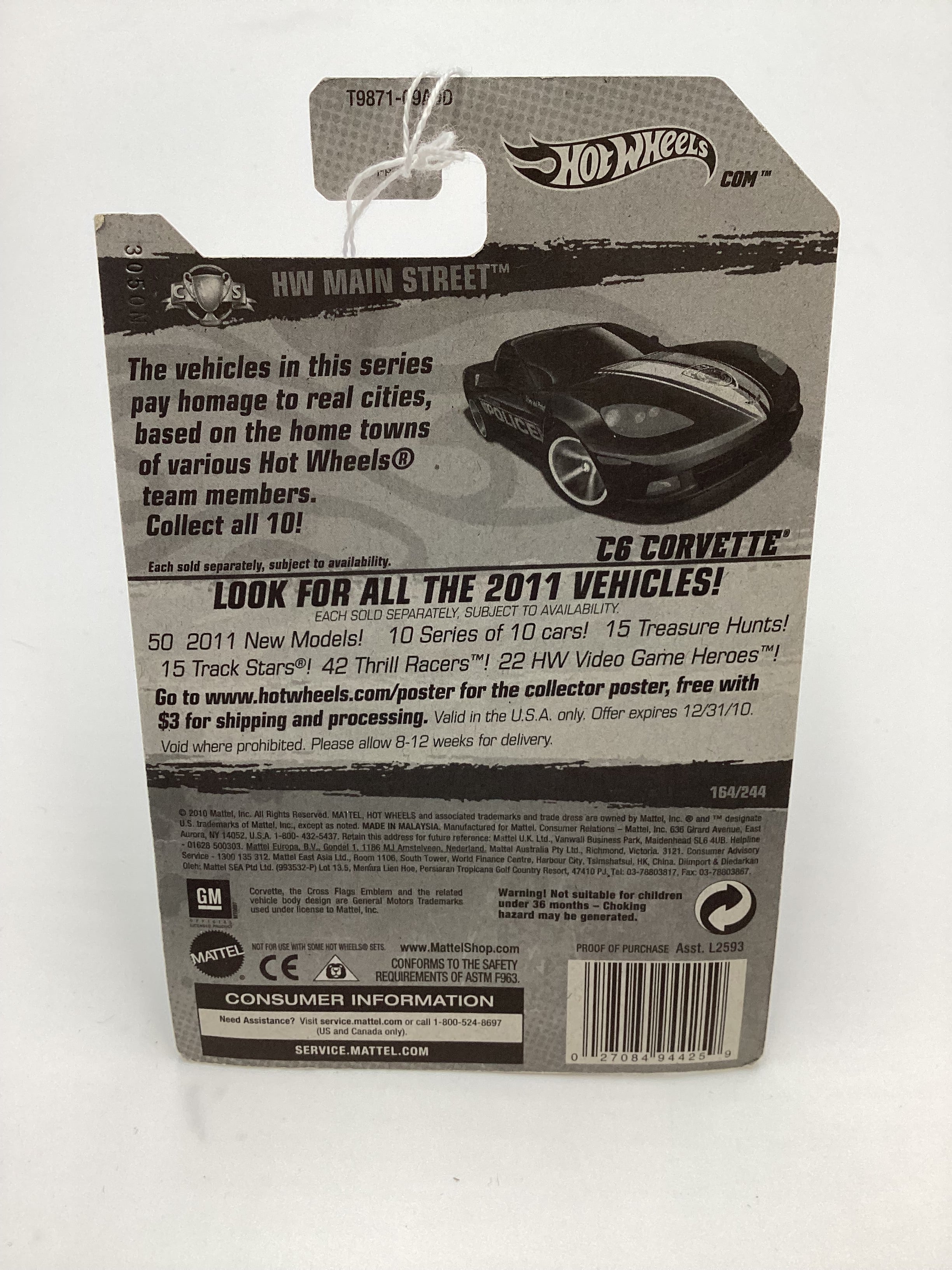 2011 Hot Wheels #164 C6 Corvette Police Black 14E - Image 7