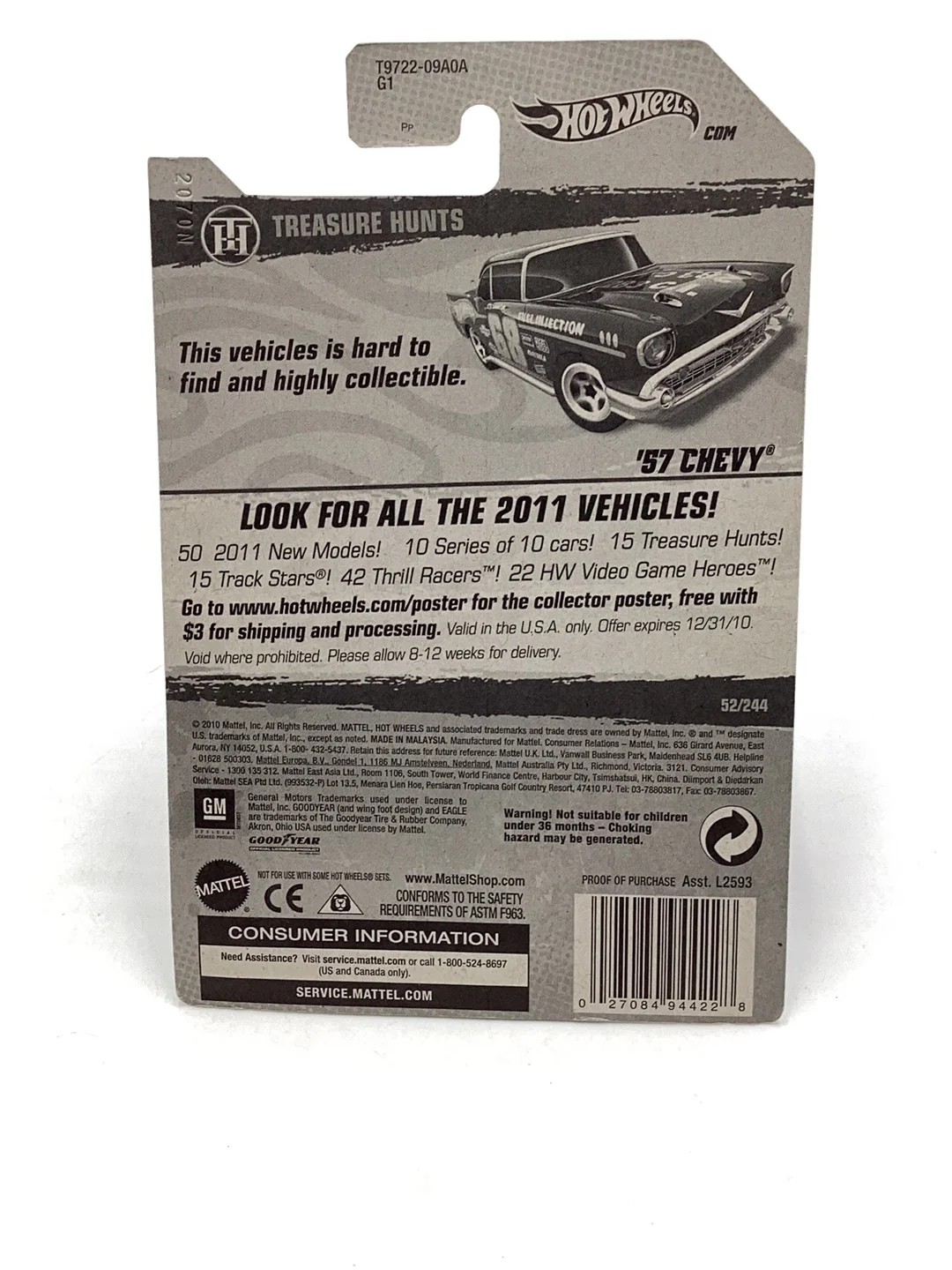 2011 hot wheels #52 treasure hunt 57 Chevy W/ protector - Image 6