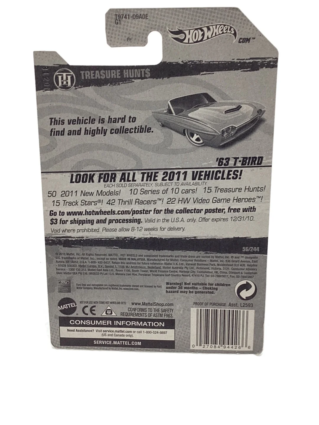 2011 Hot Wheels Super Treasure Hunt #56 63 T-Bird Green W/ Protector - Image 6