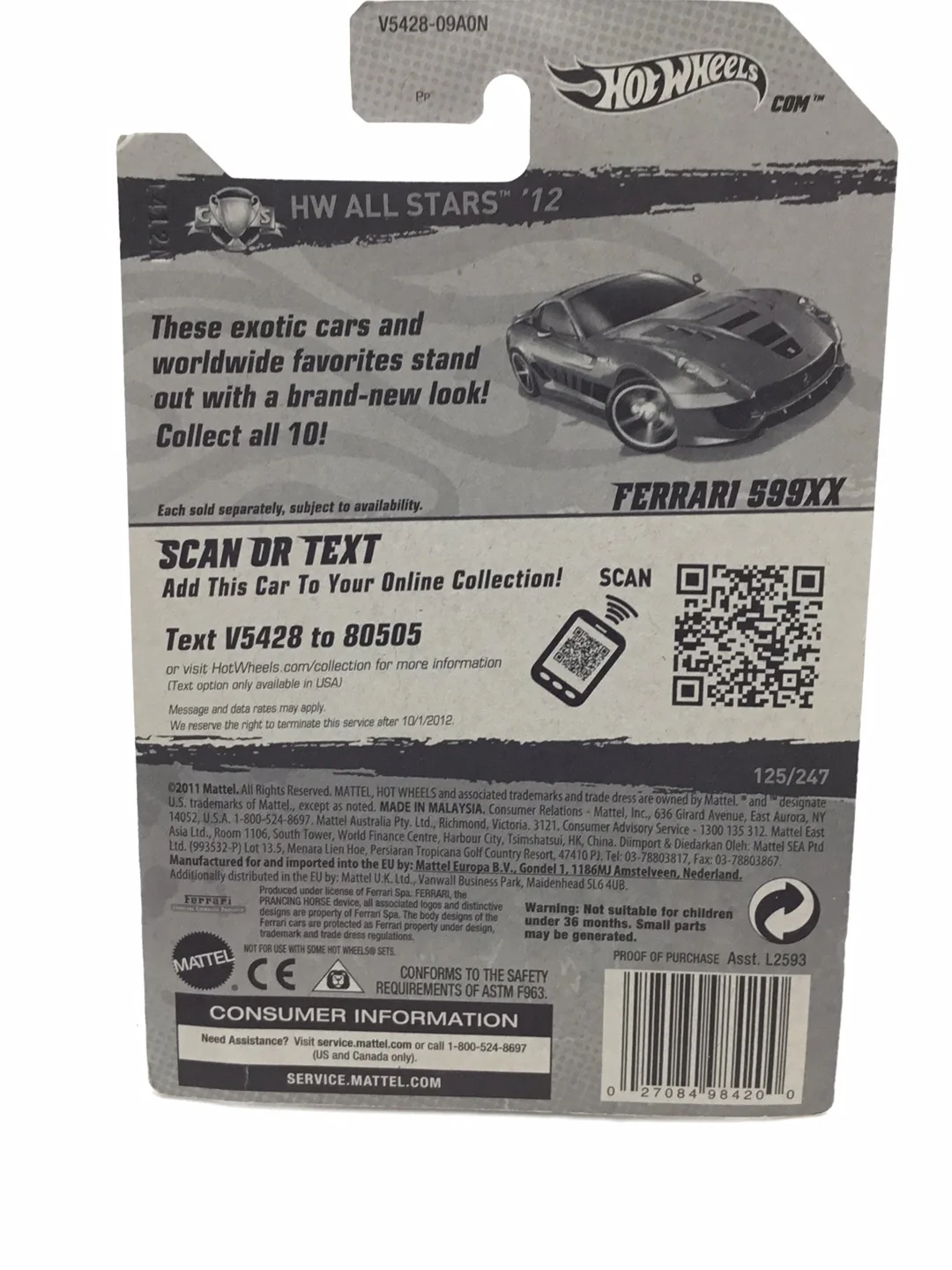 2012 Hot wheels #125 Ferrari 599XX with protector - Image 7