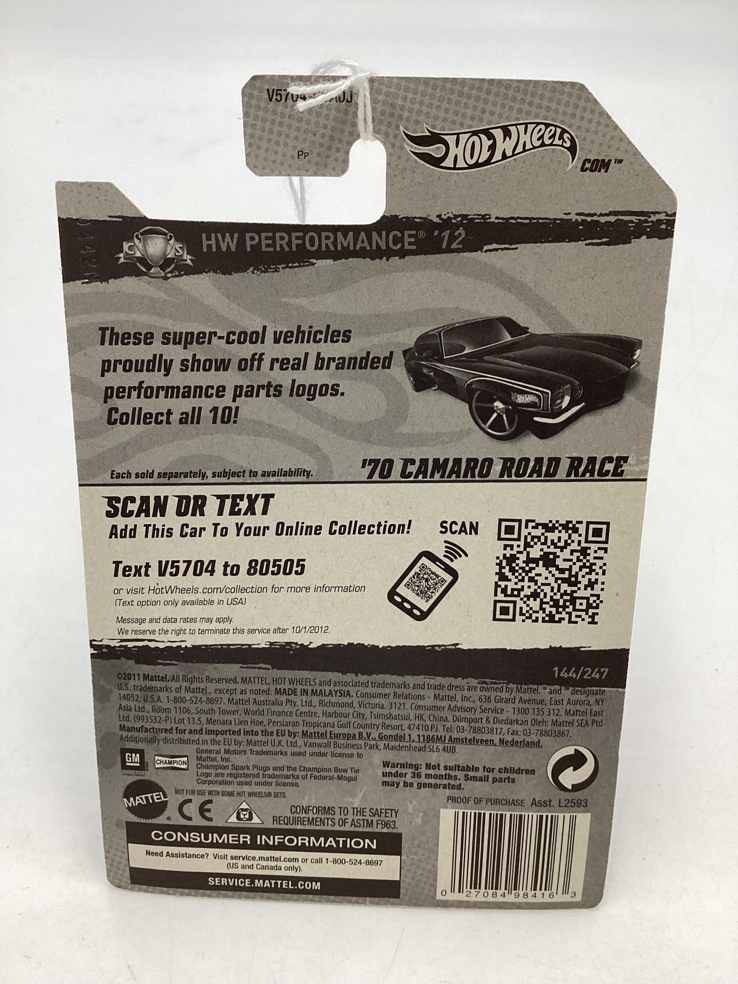 2012 Hot Wheels #144 Black 70 Camaro Road Race 6E - Image 7