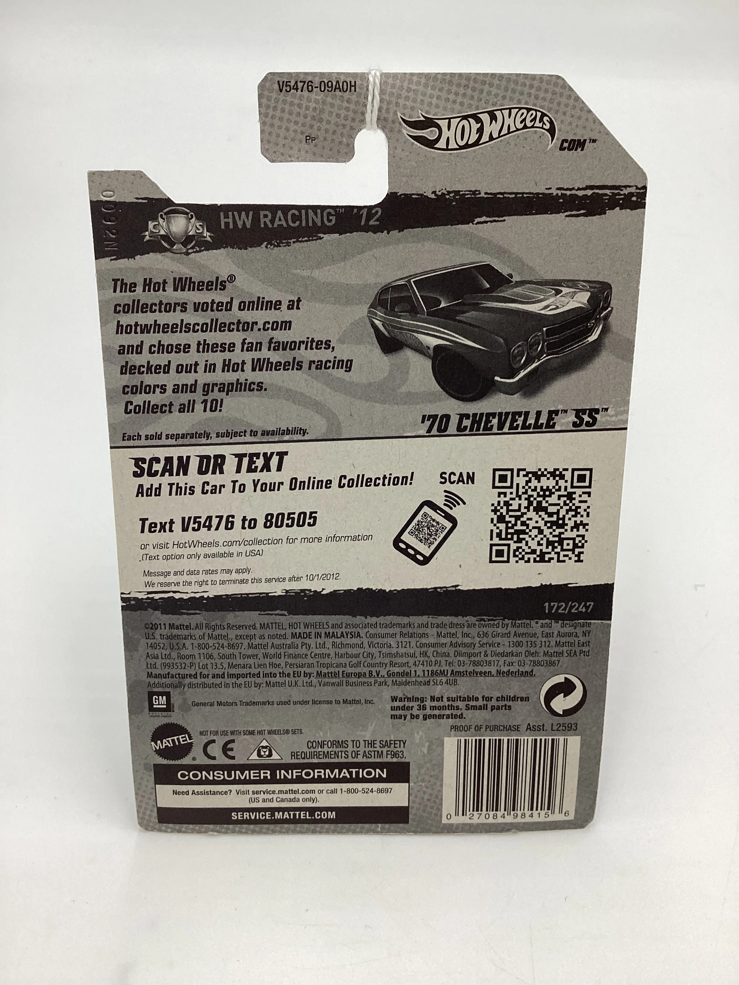 2012 Hot Wheels Racing #172 70 Chevelle SS Blue 10G - Image 7