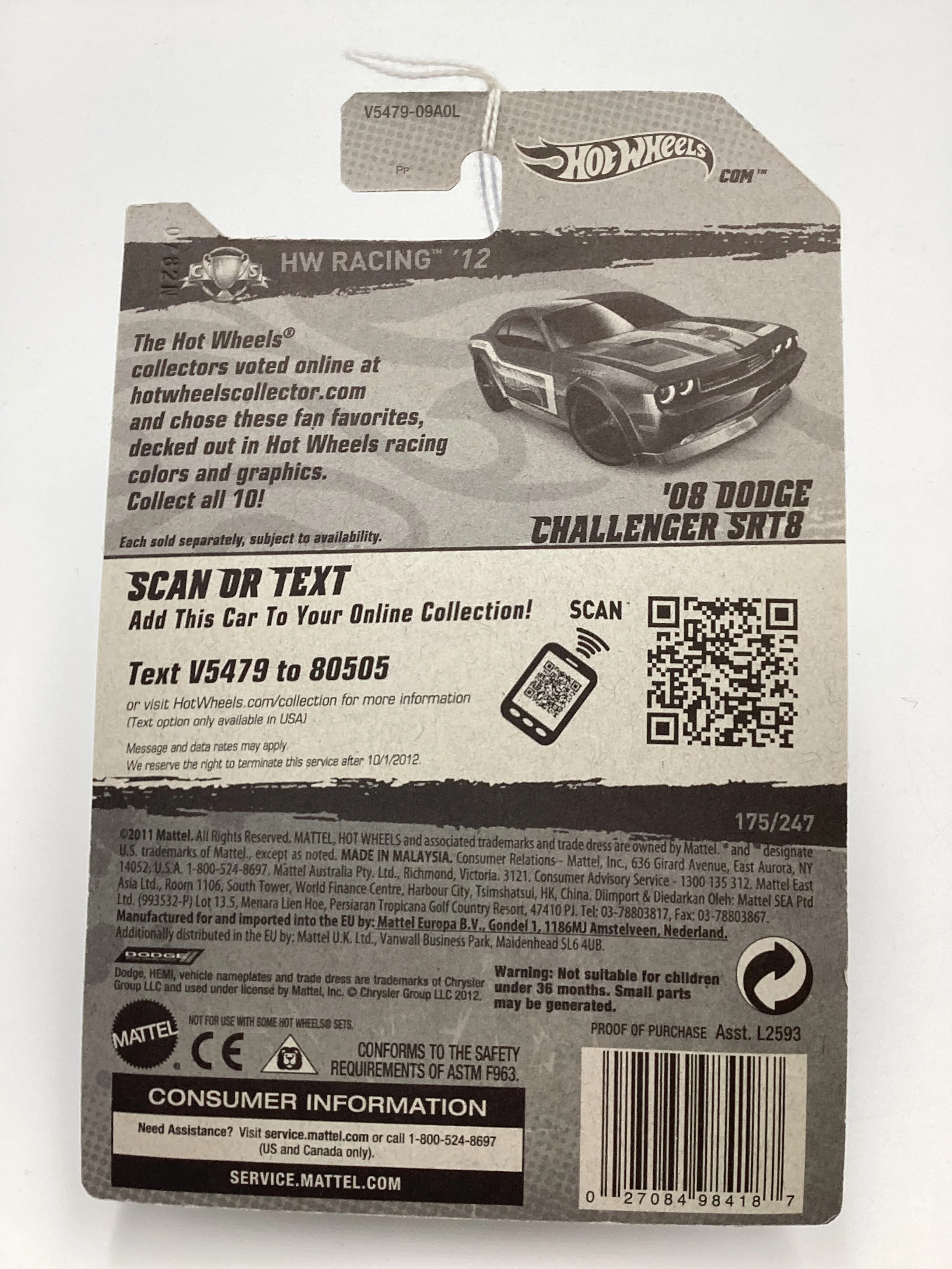 2012 Hot Wheels Racing #175 08 Dodge Challenger SRT8 Blue 53F - Image 7