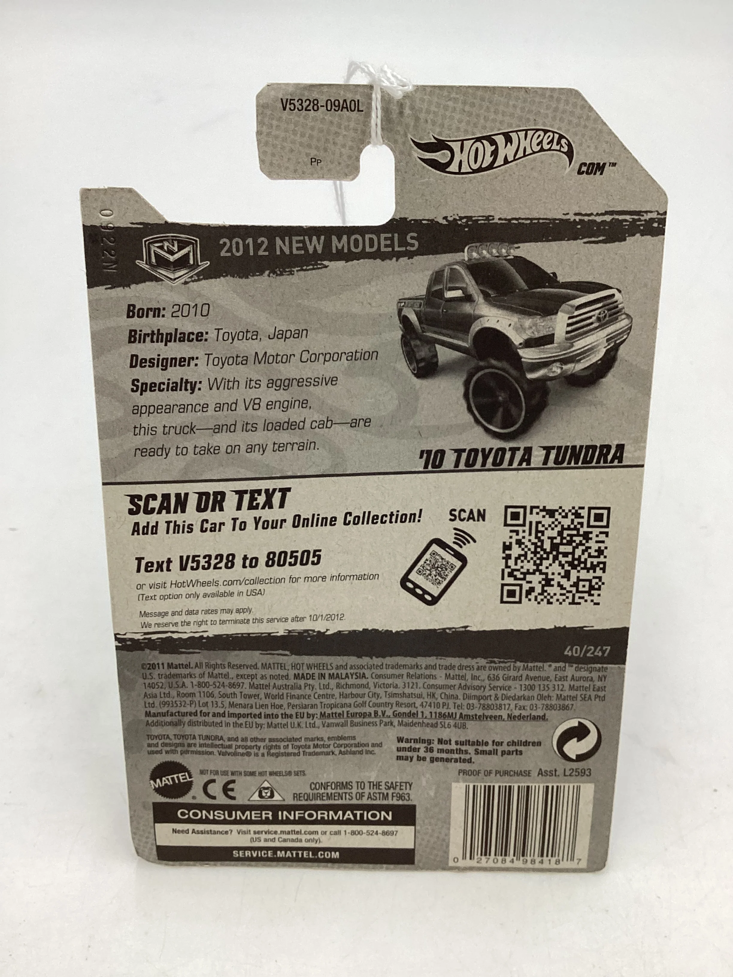 2012 Hot Wheels #40 Black 10 Toyota Tundra 92C - Image 7