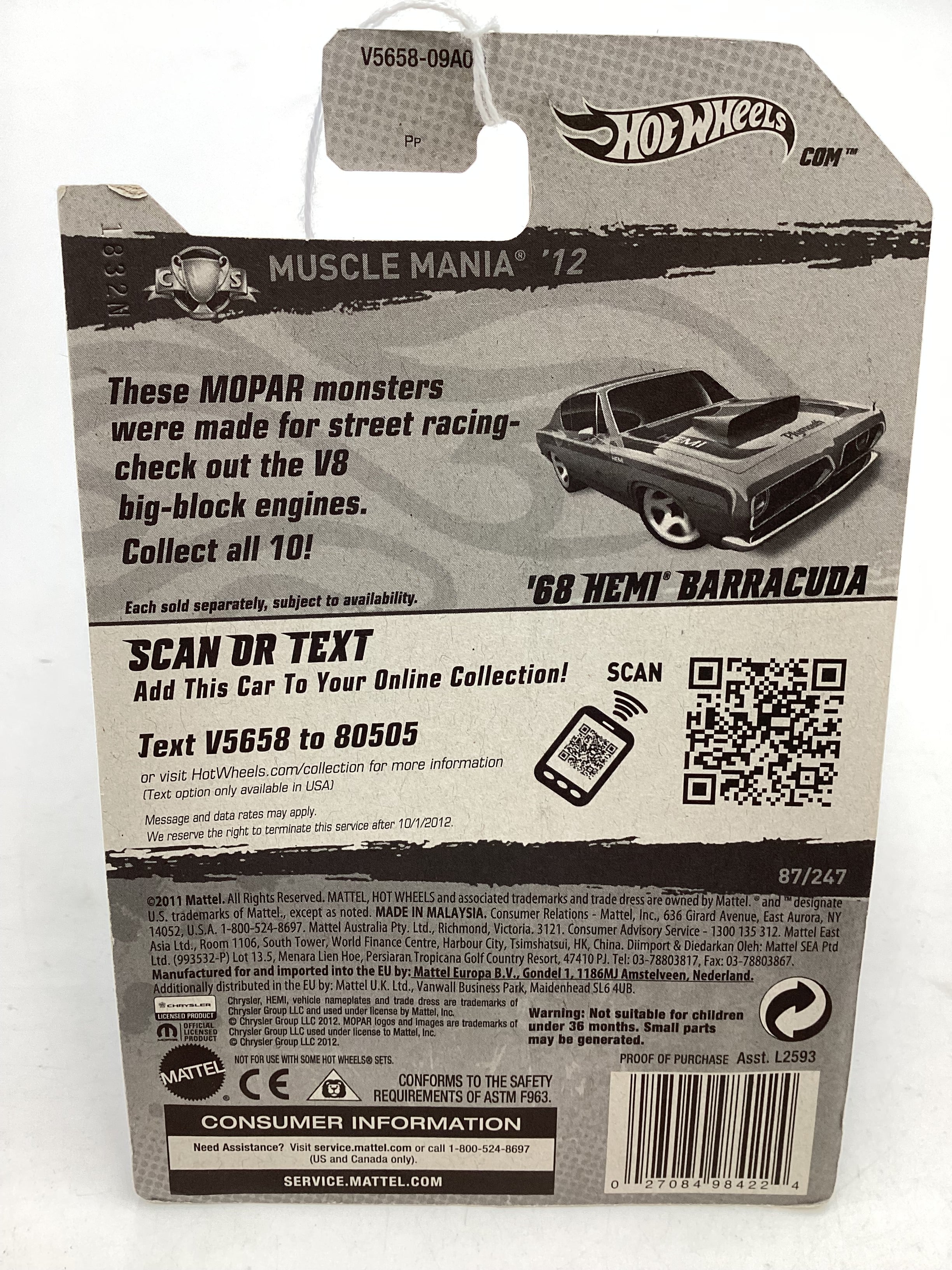 2012 Hot Wheels Muscle Mania #87 68 Hemi Barracuda Light Blue 36i - Image 7