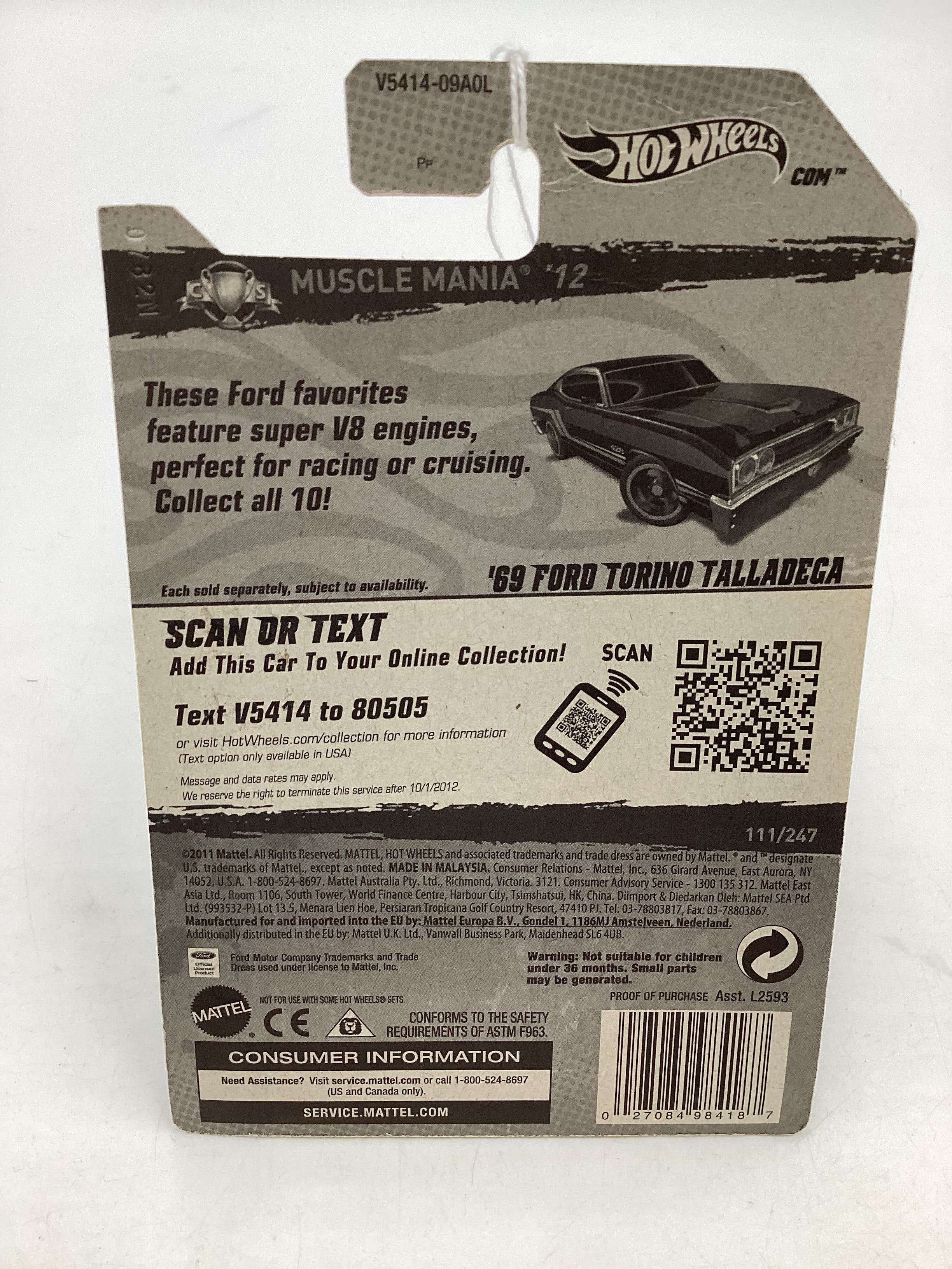 2012 Hot Wheels Muscle Mania Ford #111 69 Ford Torino Talledega Black 34A - Image 7