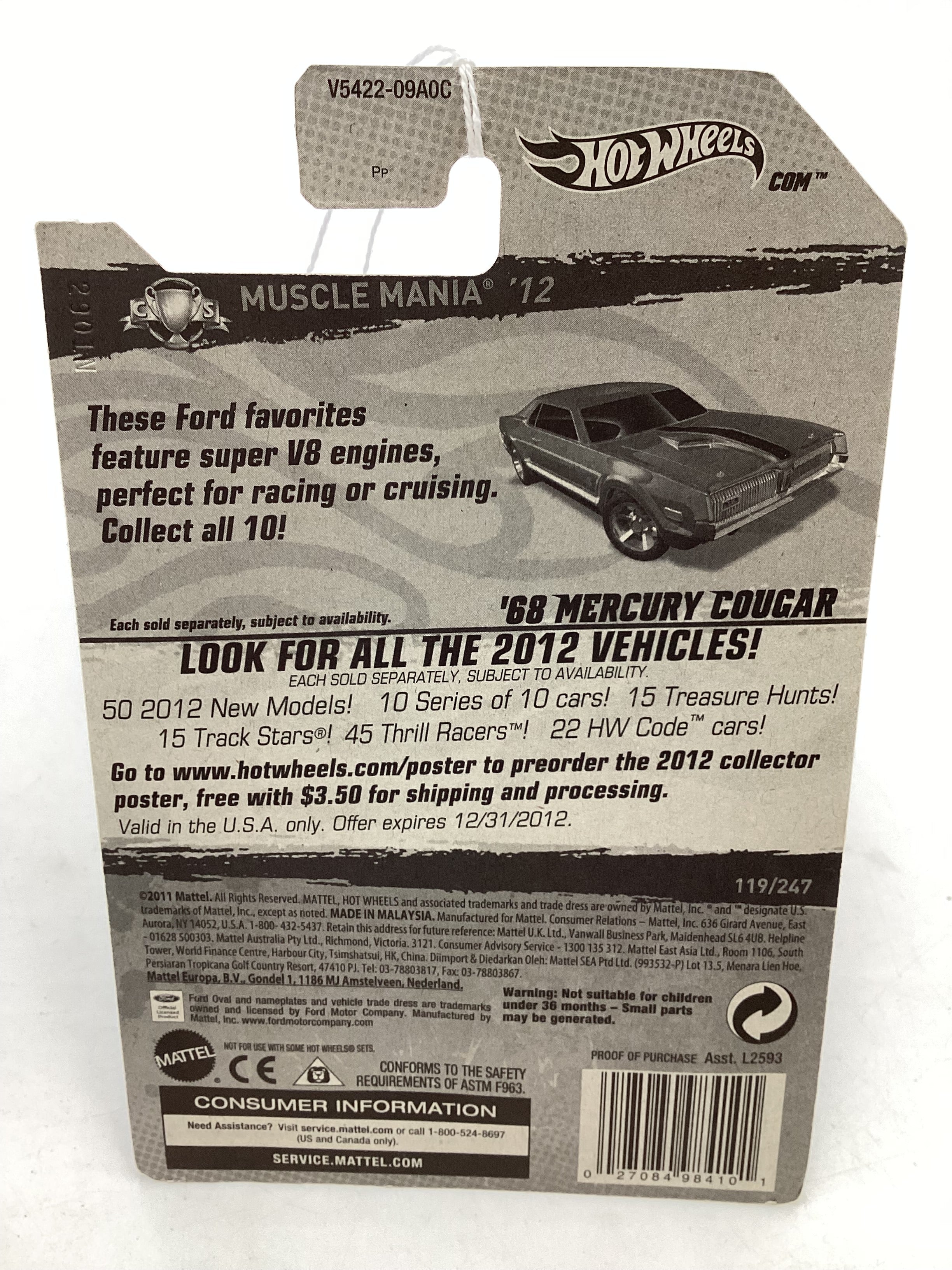 2012 Hot Wheels Muscle Mania Ford #119 68 Mercury Cougar Blue (MC5 Wheels) 40D - Image 7