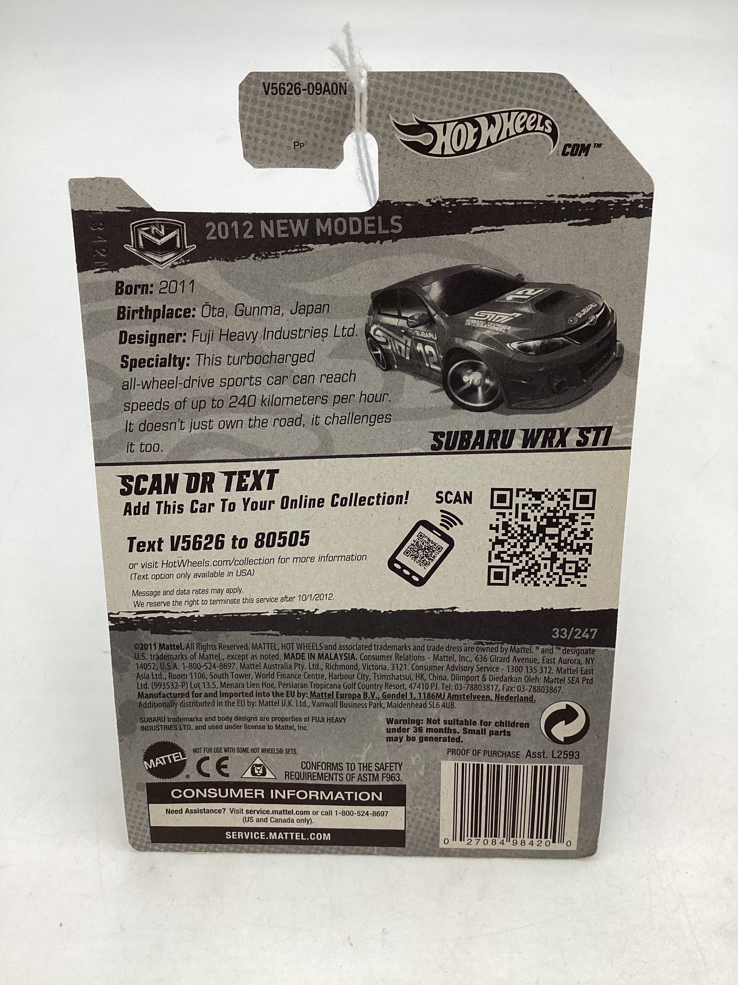 2012 Hot Wheels New Models #33 Subaru WRX STI Red 89B - Image 7