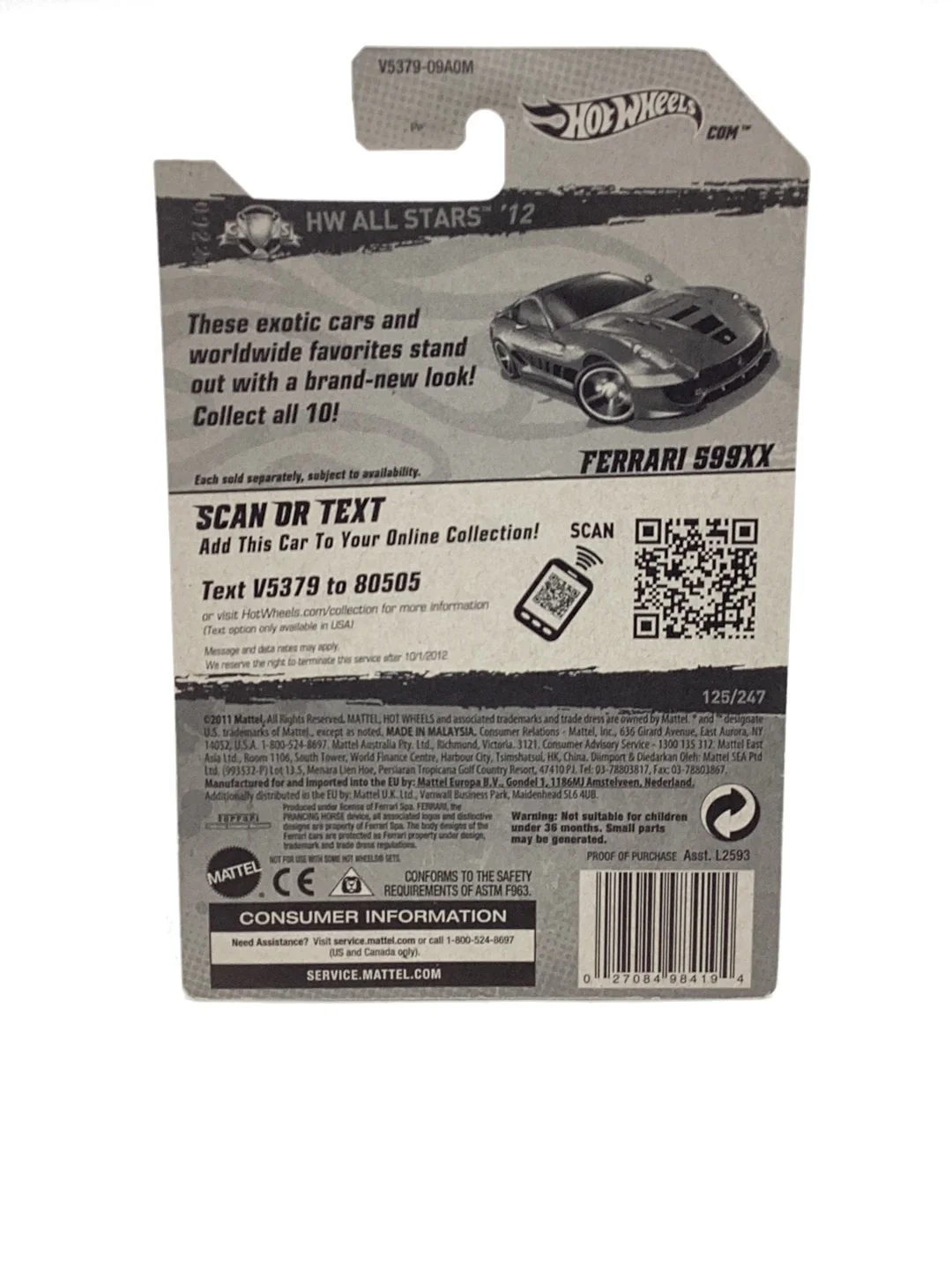 2012 Hot wheels STH #125 Ferrari 599XX with protector - Image 6