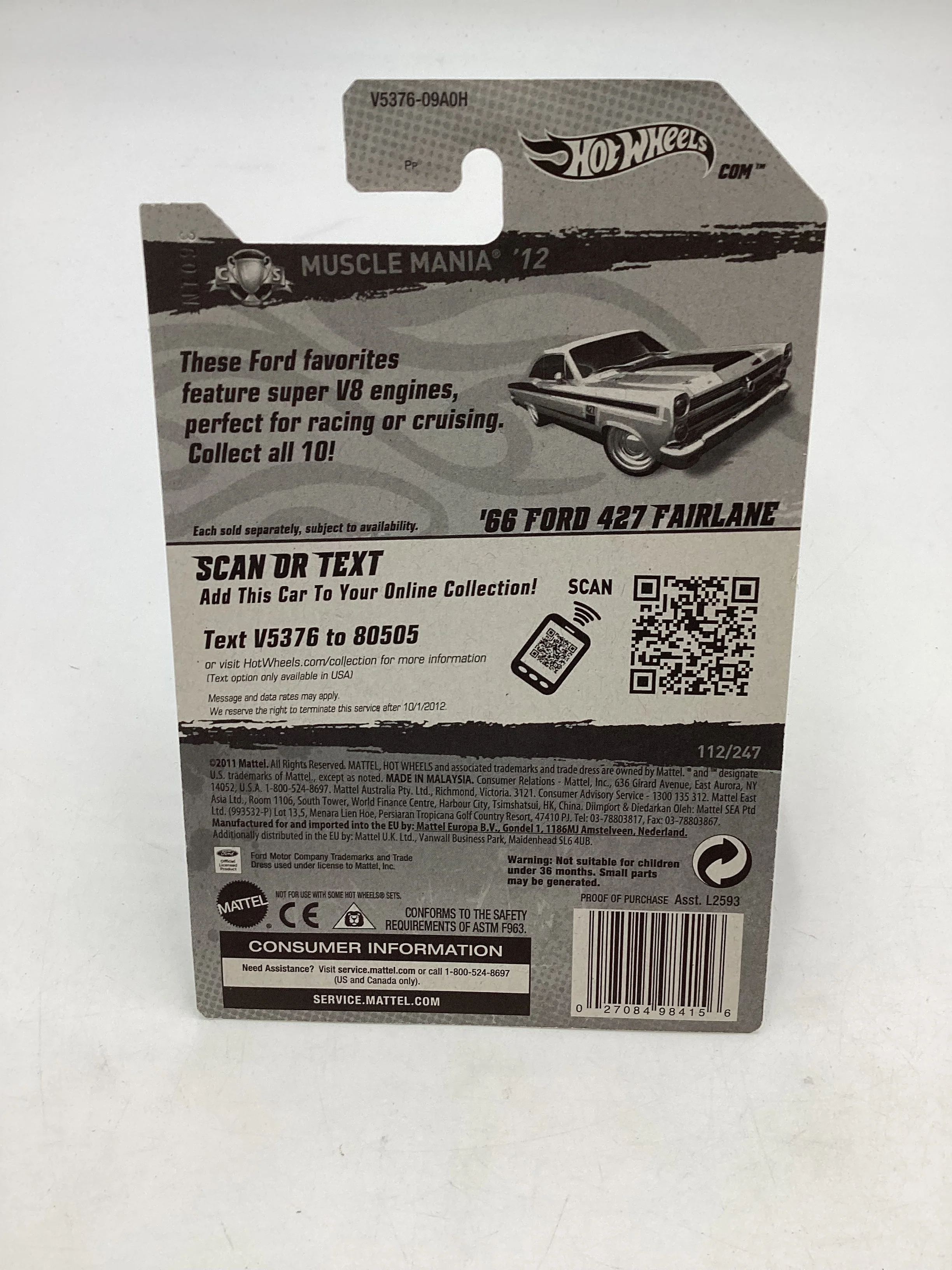 2012 Hot Wheels Super Treasure Hunt #112 66 Ford 427 Fairlane *Roof Rub* W/Protector - Image 7