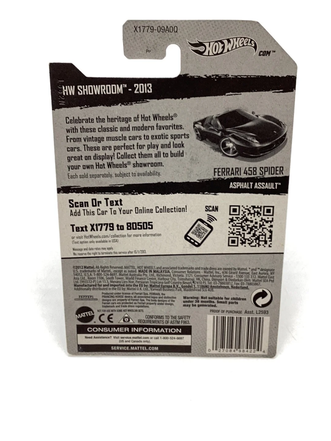 2013 hot wheels #151 Ferrari 458 Spider VHTF black interior with protector - Image 6