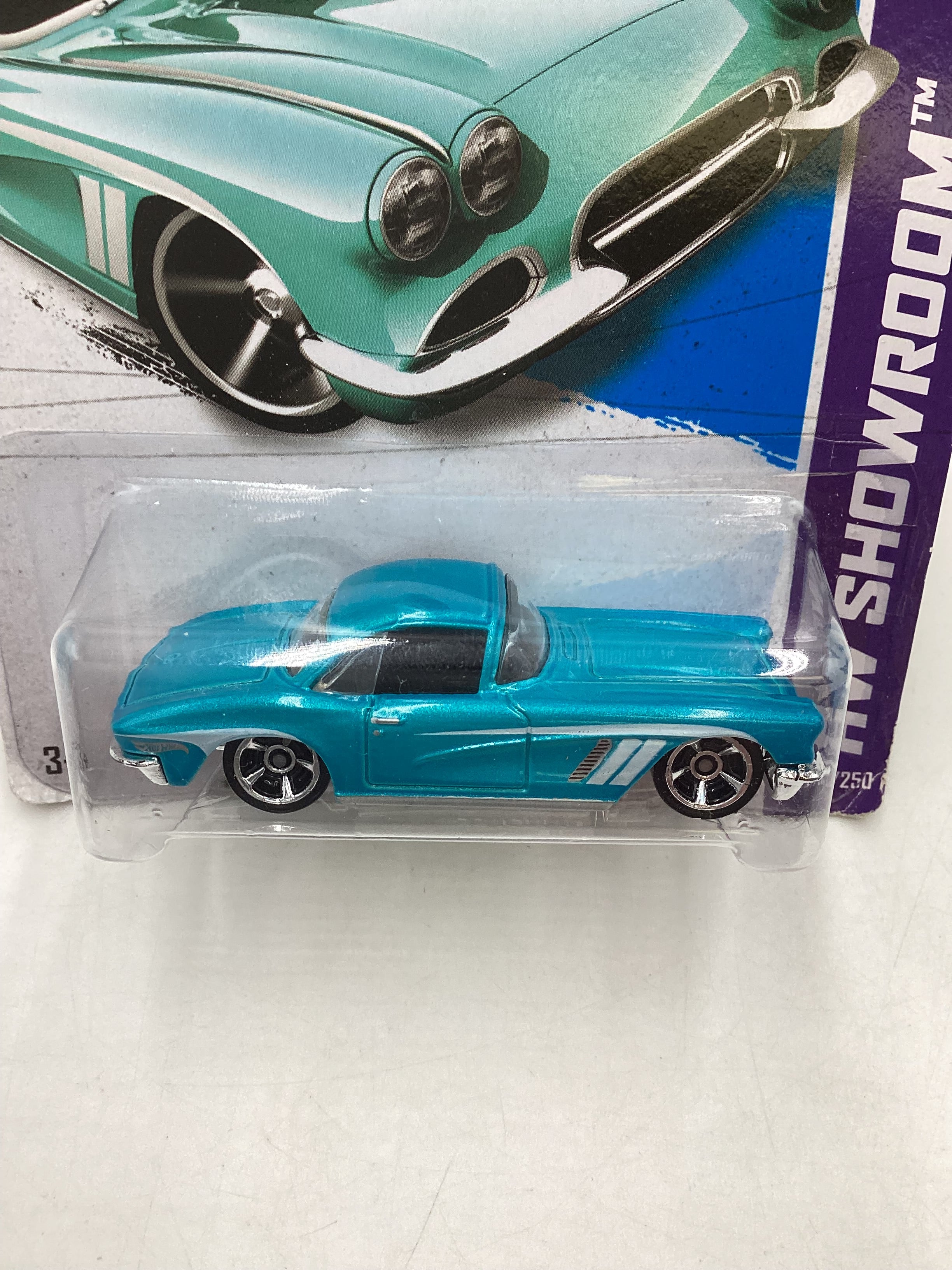 2013 Hot Wheels #207 62 Corvette Light Blue bad card 5C - Image 3