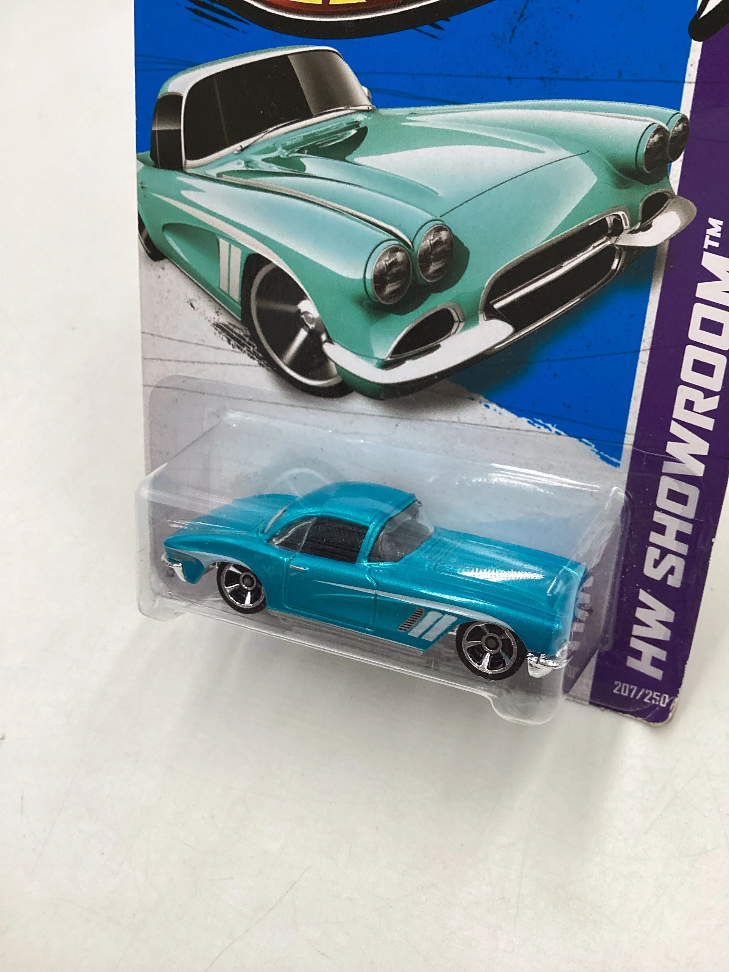 2013 Hot Wheels #207 62 Corvette Light Blue bad card 5C - Image 4