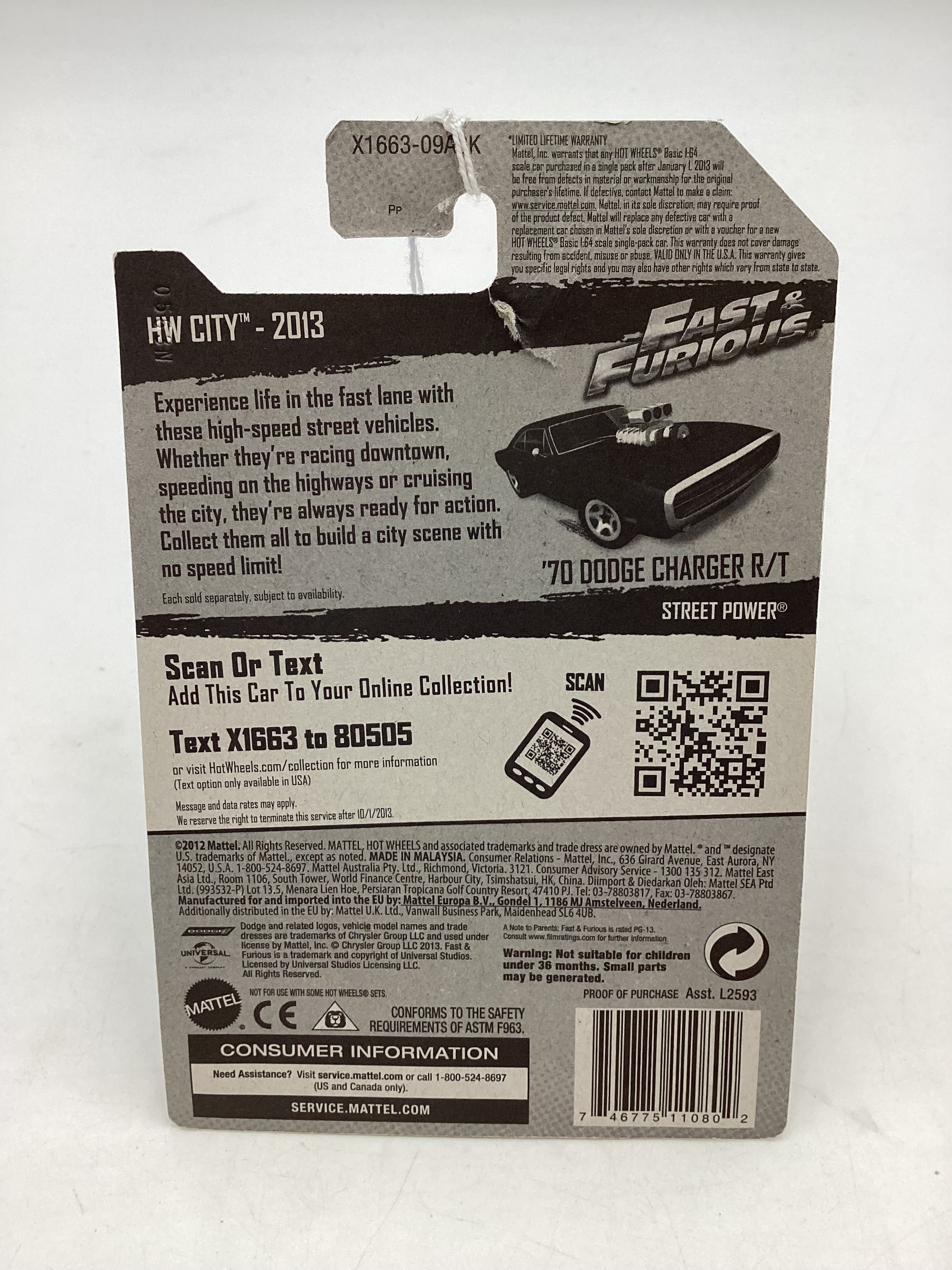 2013 Hot wheels HW City Fast and furious #3 70 Dodge Charger R/T * Card Damage* 74E - Image 7