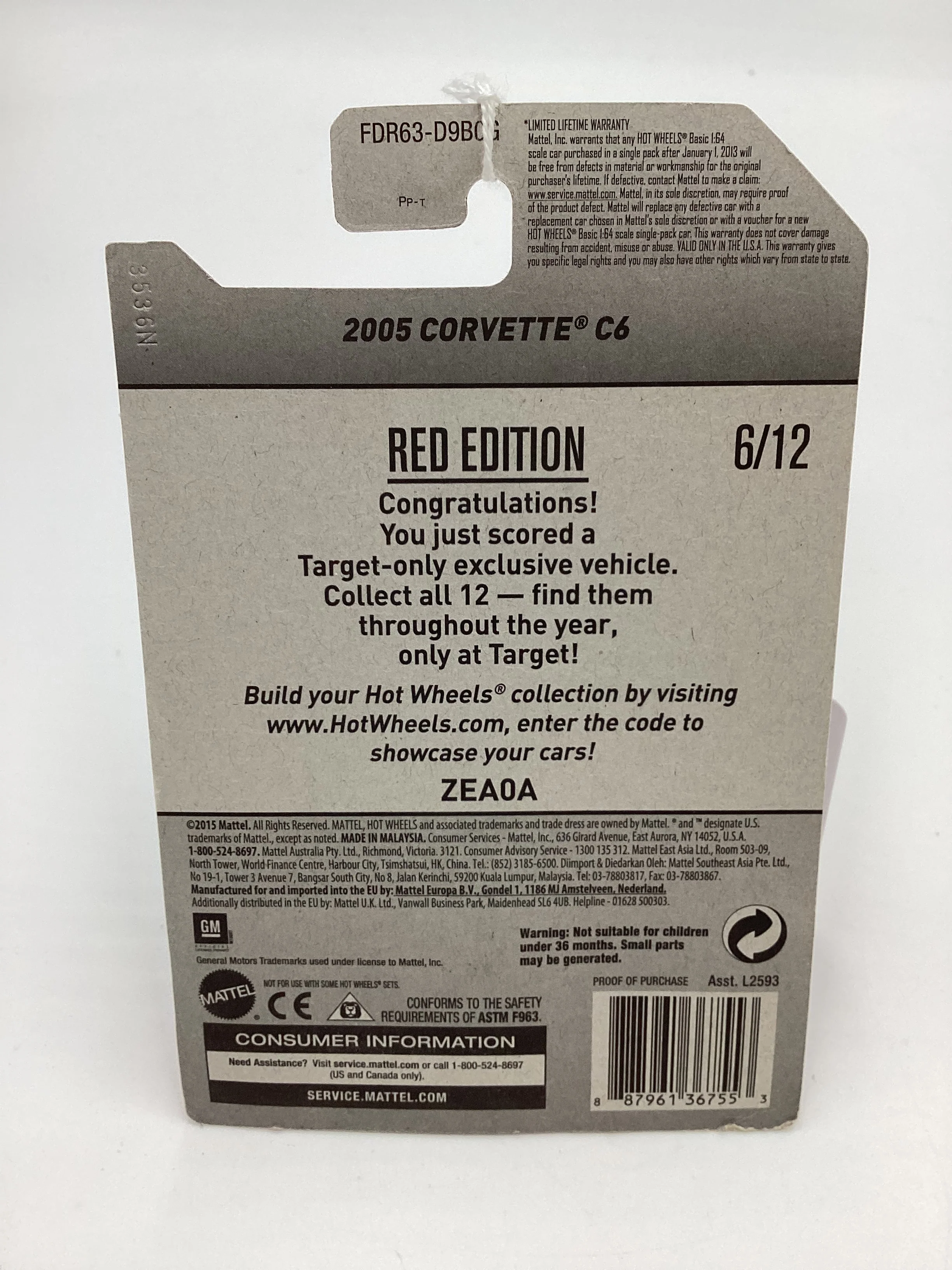 2015 Hot Wheels Target Red Edition 2005 Corvette C6 Red 151B - Image 7