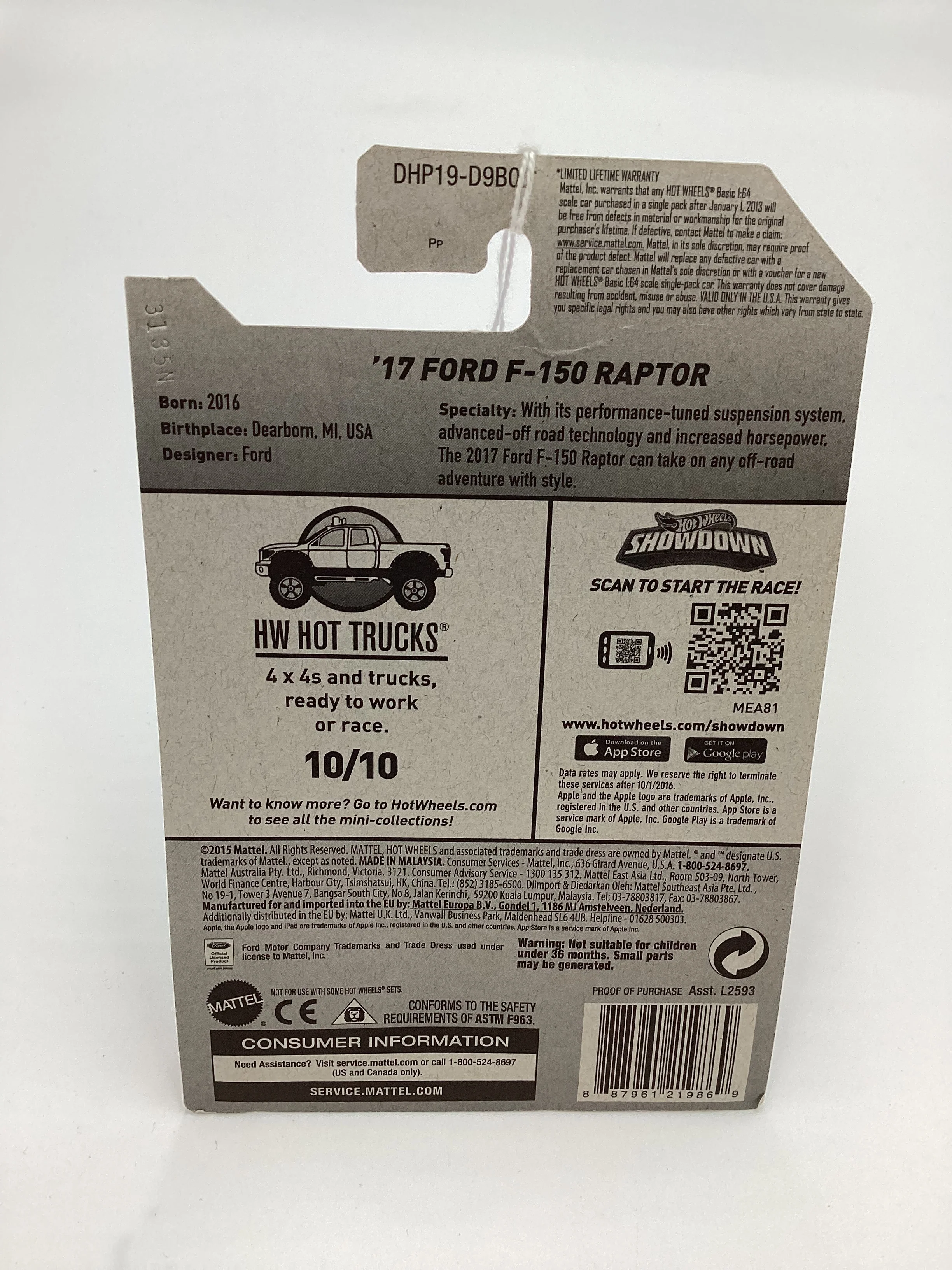 2016 Hot Wheels #150 17 Ford F-150 Raptor Blue 31A - Image 7