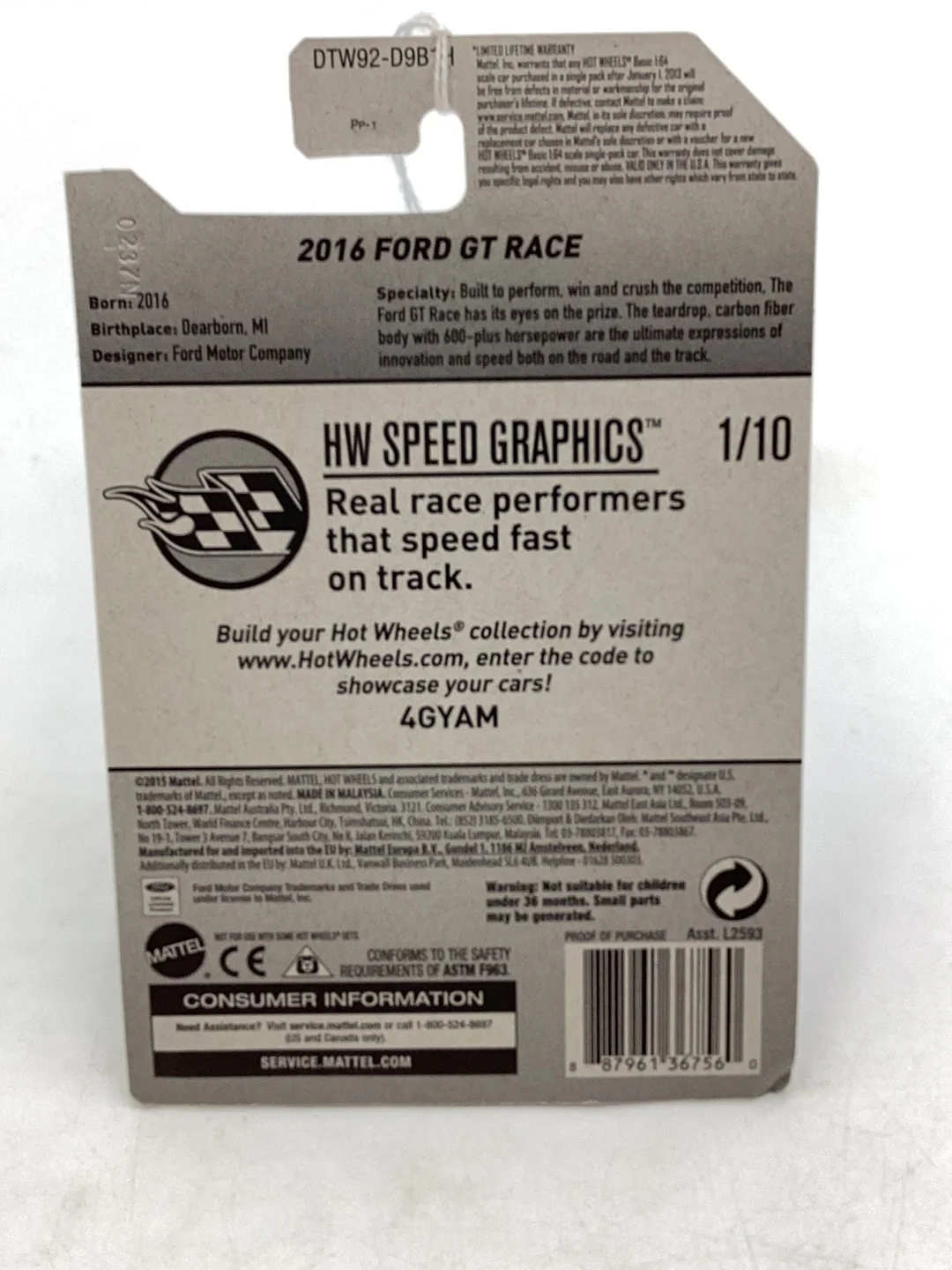 2017 Hot Wheels #166 2016 Ford GT Race has cracked blister 33C - Image 7
