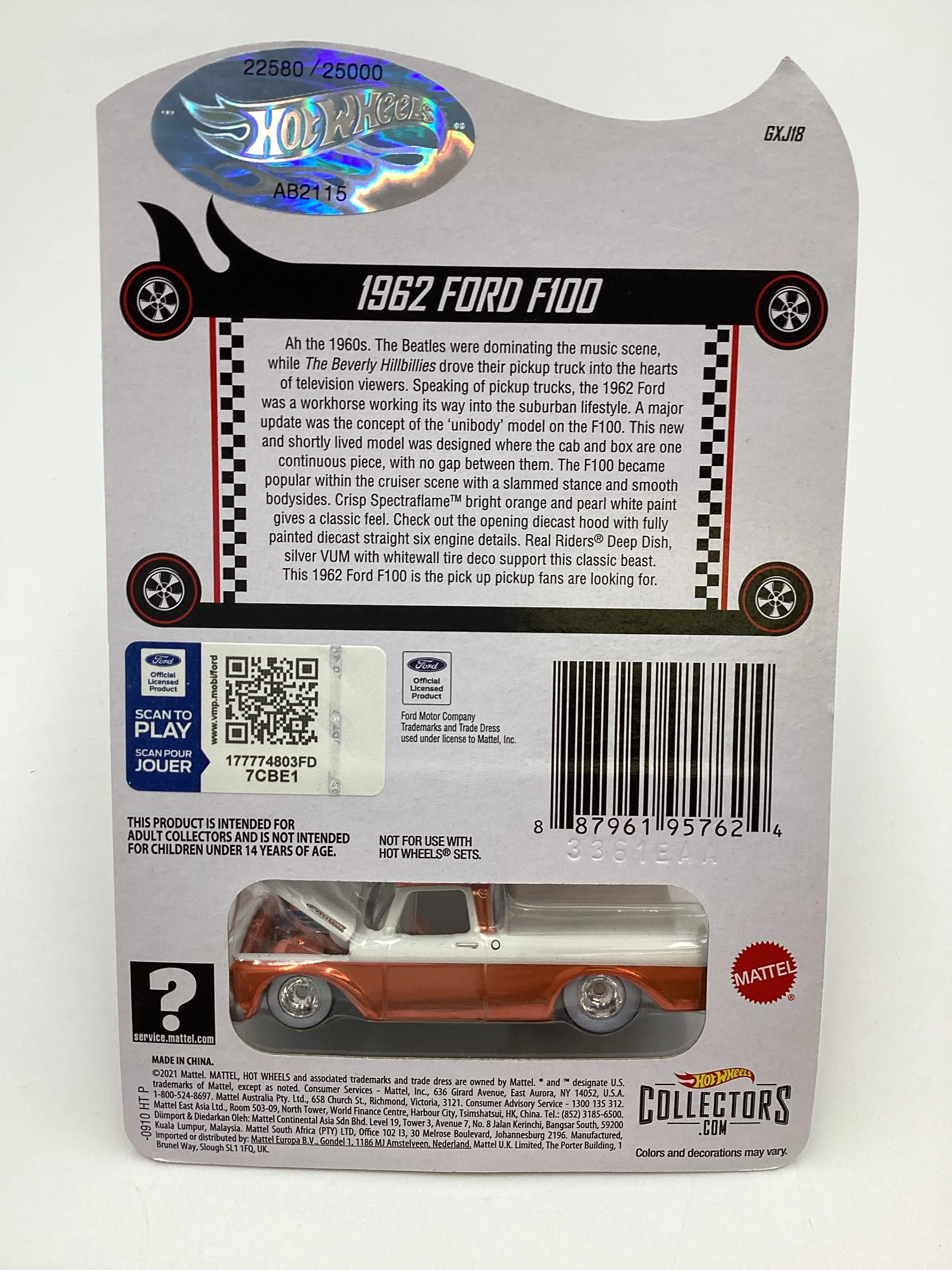 2022 Hot Wheels RLC #22580/25000 1962 Ford F100 Orange with protector - Image 7