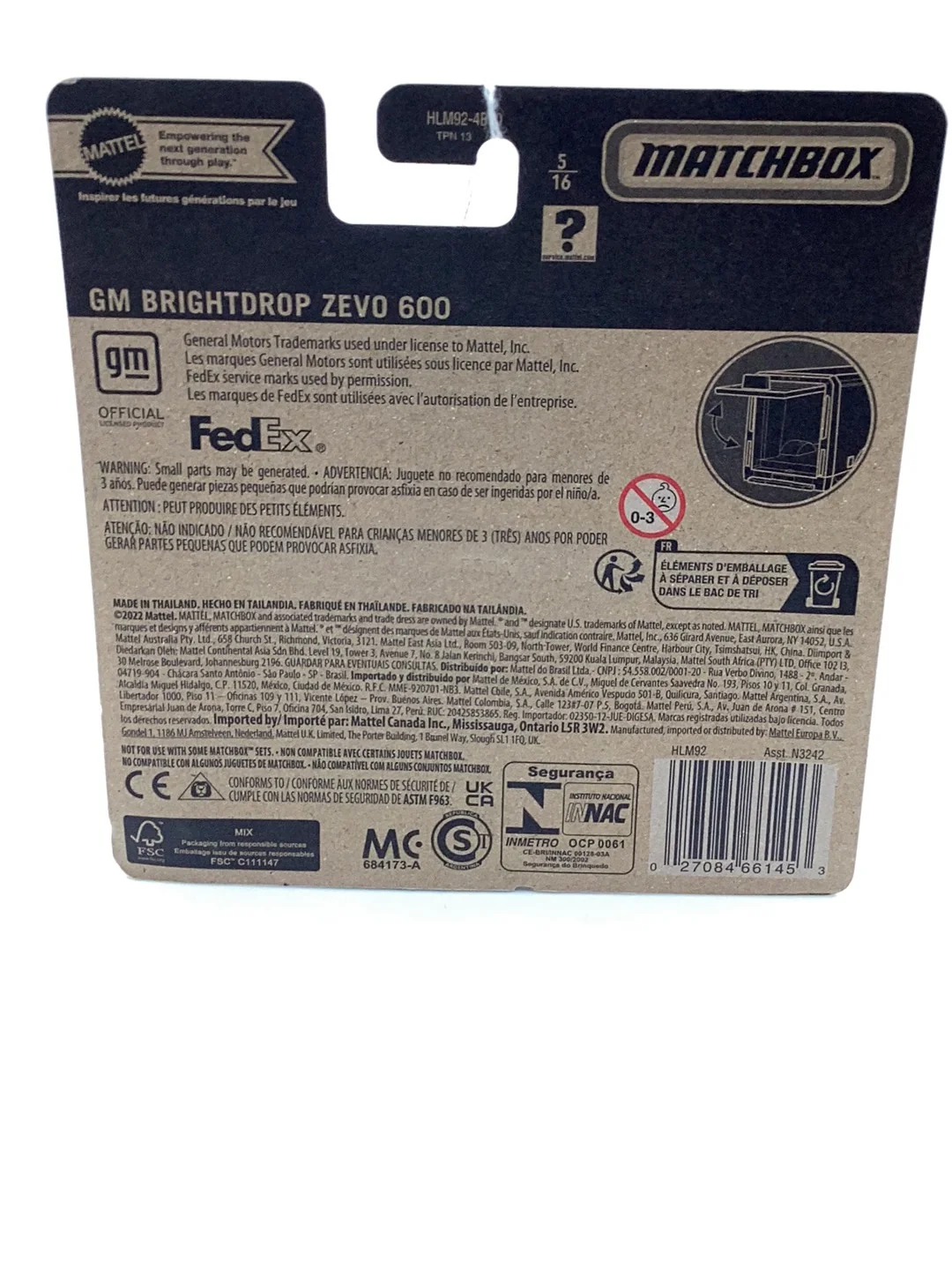 2022 Matchbox working Rigs HIM GM BRIGHTDROP Zevo Fed Ex 600 5/16 168C - Image 6