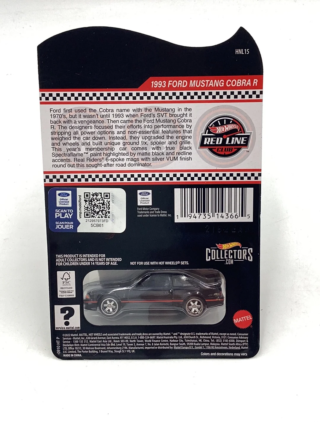 2023 Hot Wheels 1993 Ford Mustang Cobra R Club Car W/Patch and Pin - Image 6