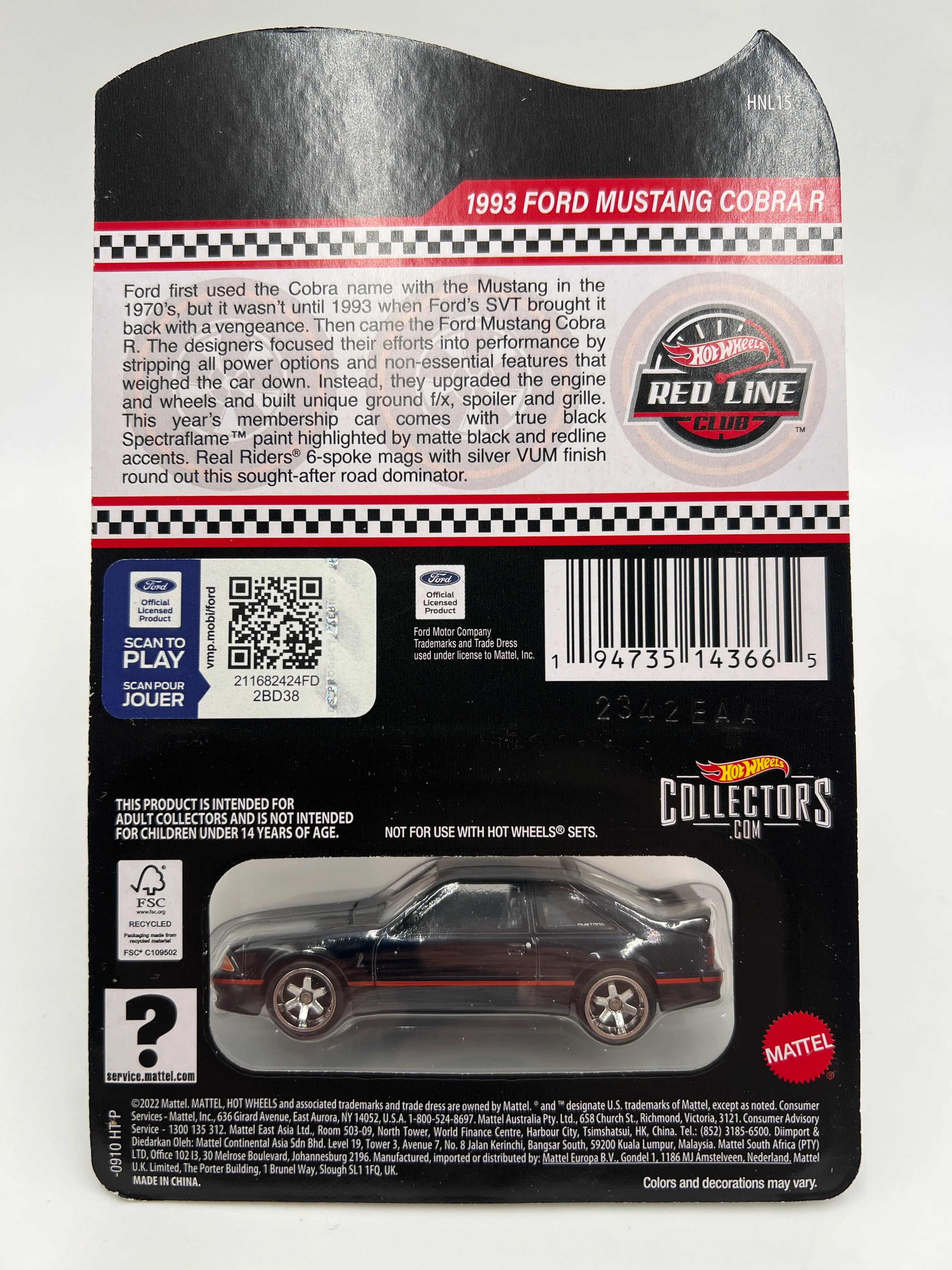 2023 Hot Wheels RLC Club Exclusive 1993 Ford Mustang Cobra R Black W/Protector - Image 6