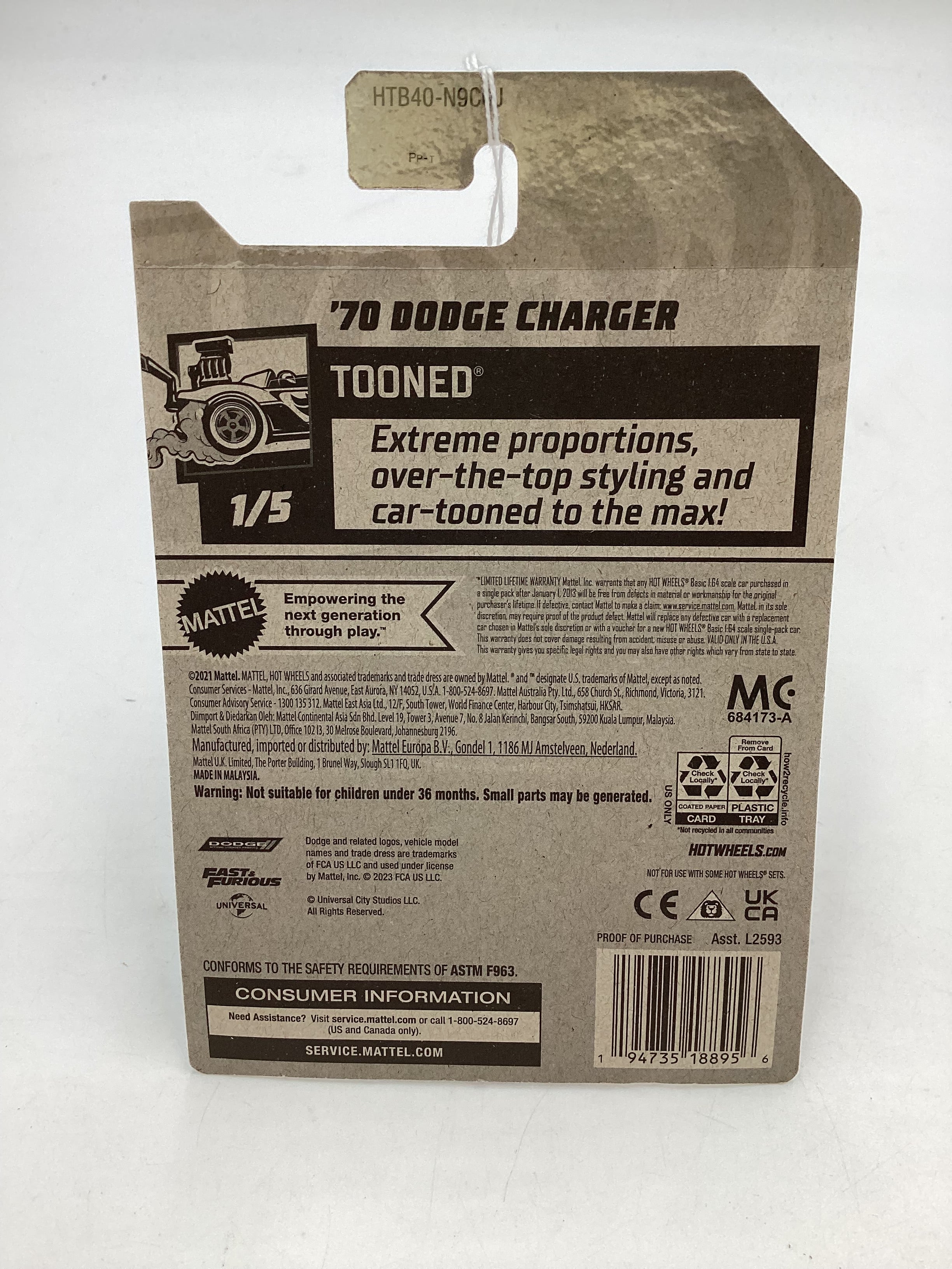 2024 Hot Wheels #161 70 Dodge Charger fast & furious tooned see description 71E - Image 7
