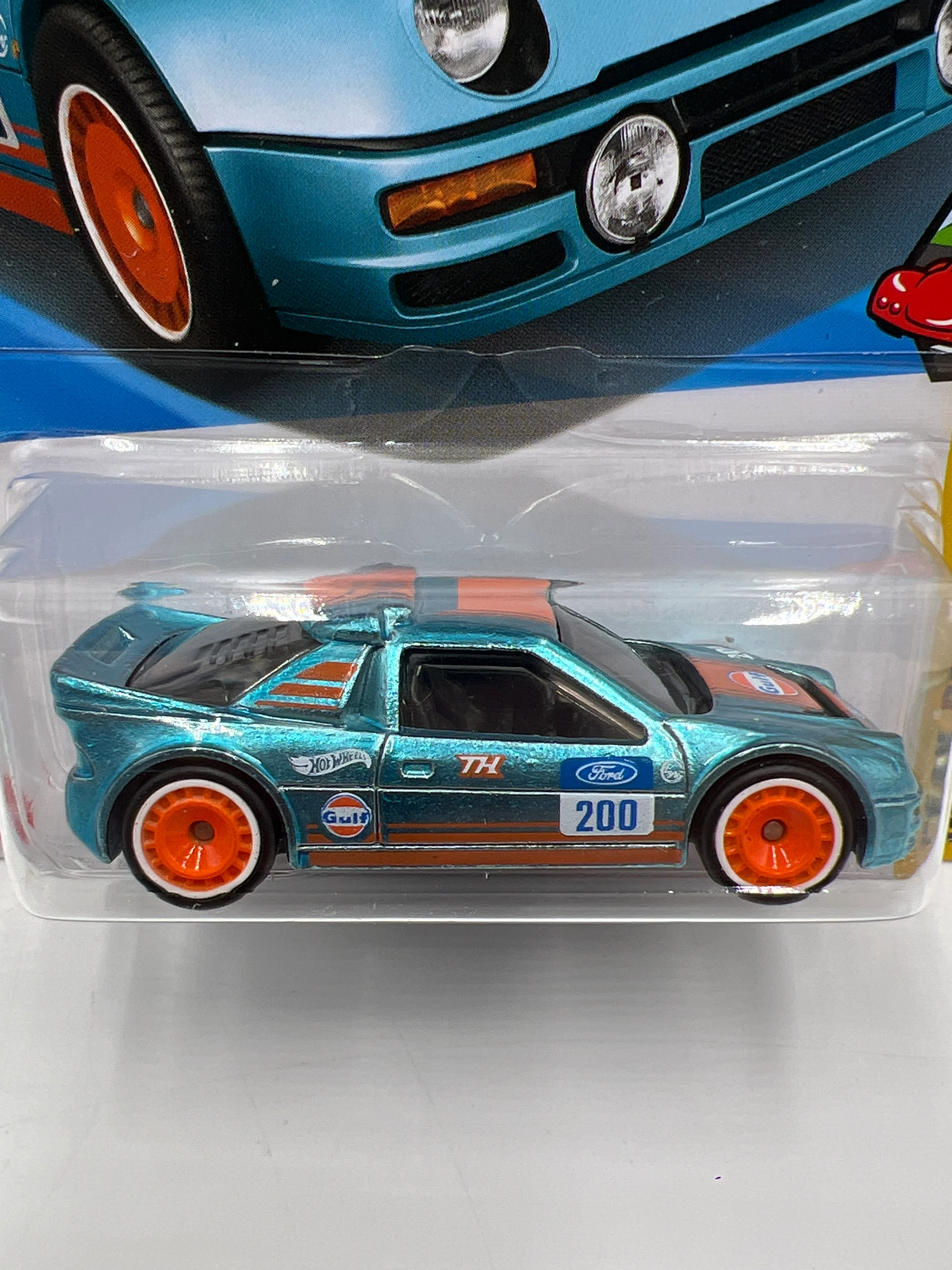 2025 Hot Wheels Factory Sealed Super Treasure Hunt #247 Ford RS200 Gulf Blue W/Protector J Hook Crease - Image 2