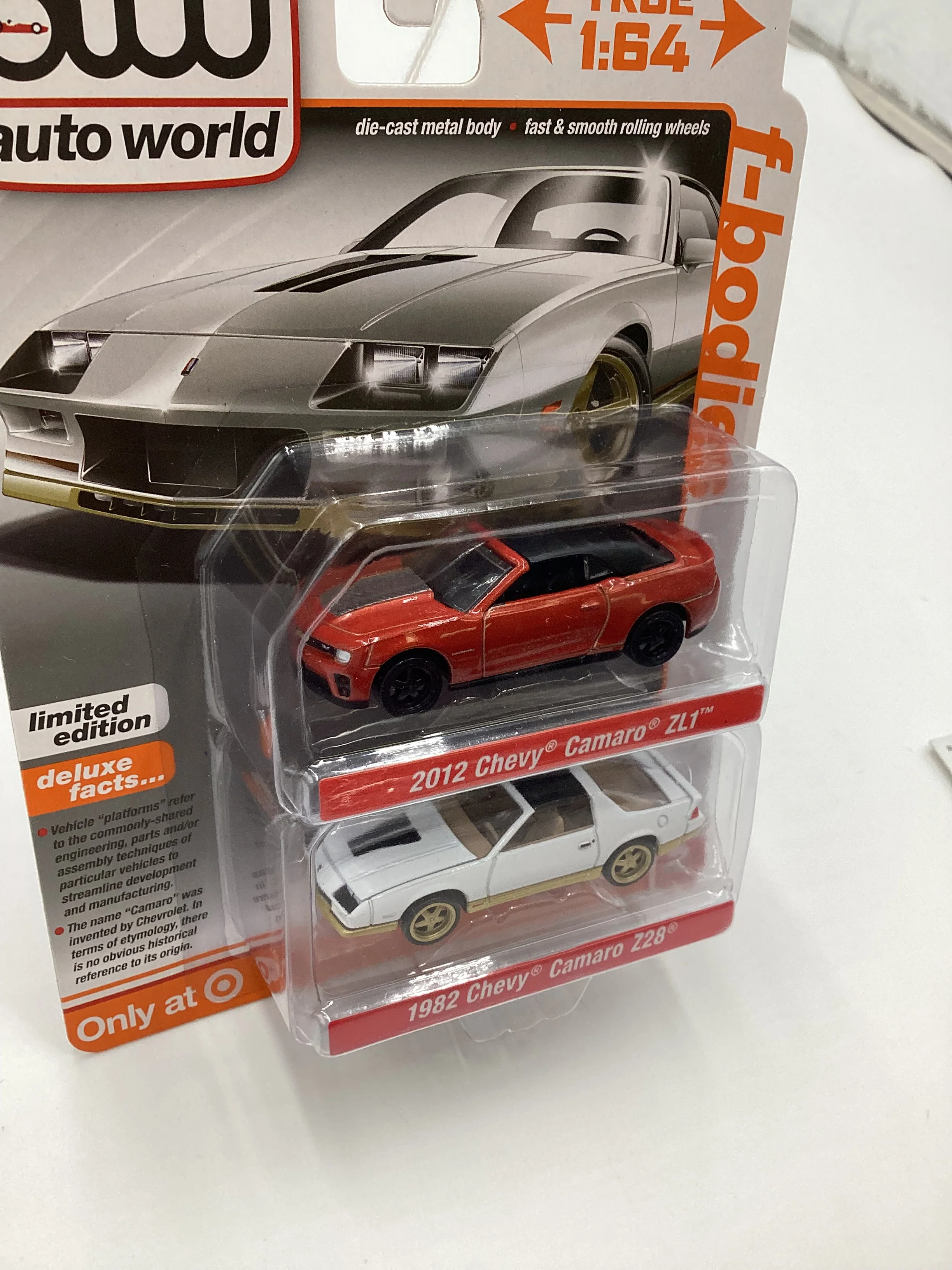 Auto World 2 Pack Target Exclusive F-Bodies Release 2 Version B 2012 Chevy Camaro ZL1 Dark Orange 1982 Chevy Camaro Z28 White 184D - Image 6