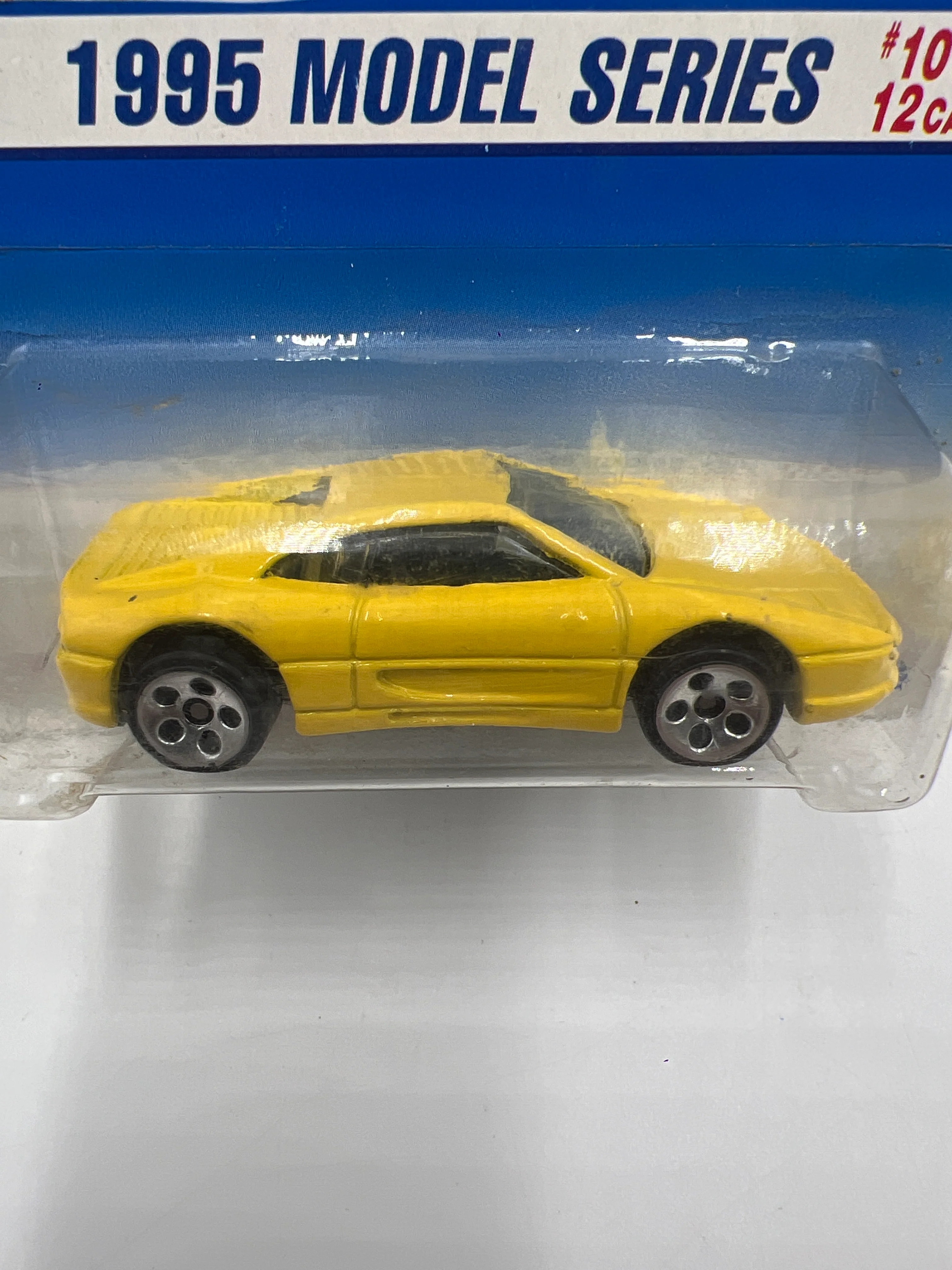 1995 Hot Wheels Model Series #350 Ferrari 355 Yellow 5 Dot Wheels *Bad Card* - Image 3