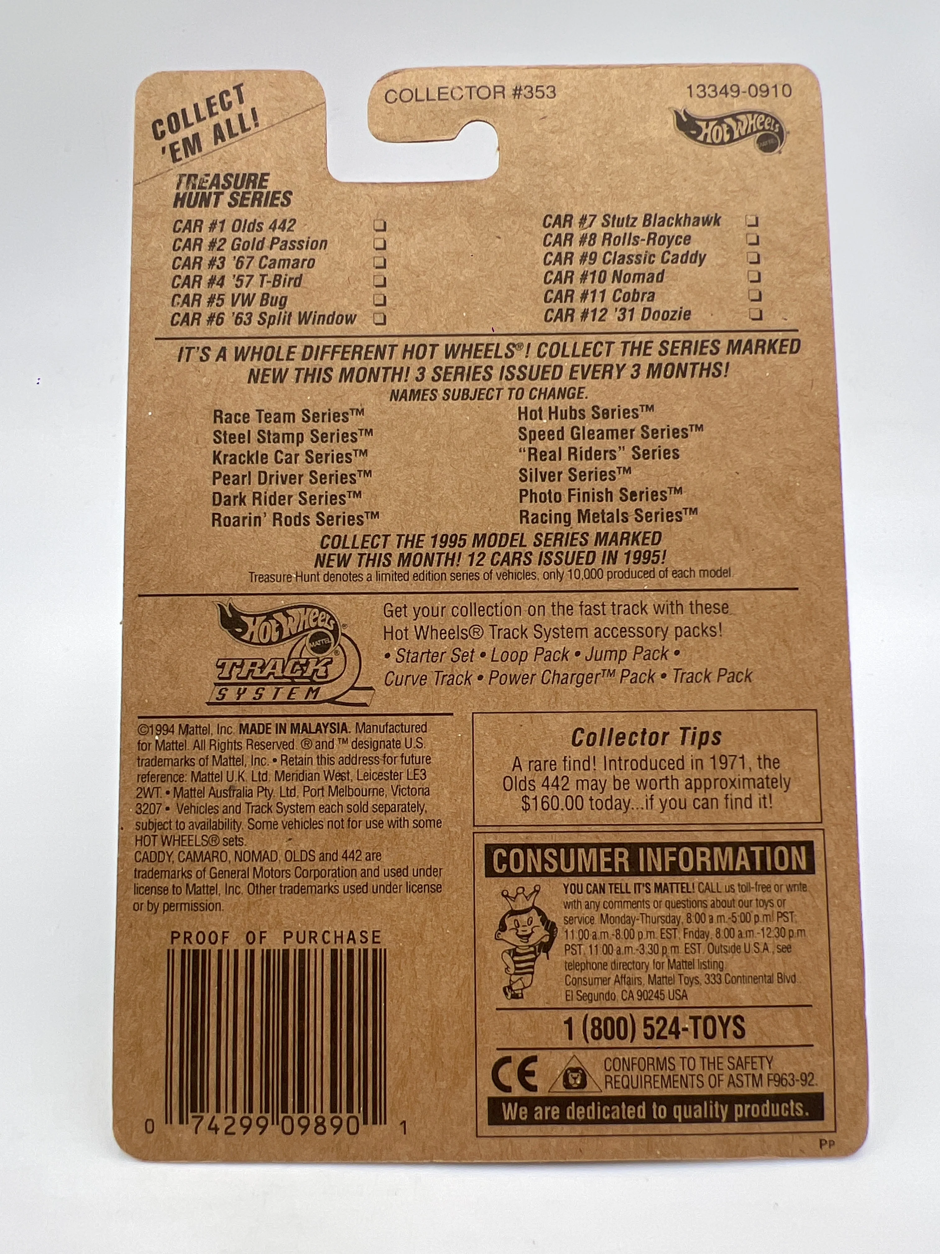 1995 Hot Wheels Treasure Hunt Series #1 Real Riders Olds 442 Blue W/Protector Blister Yellowed - Image 6