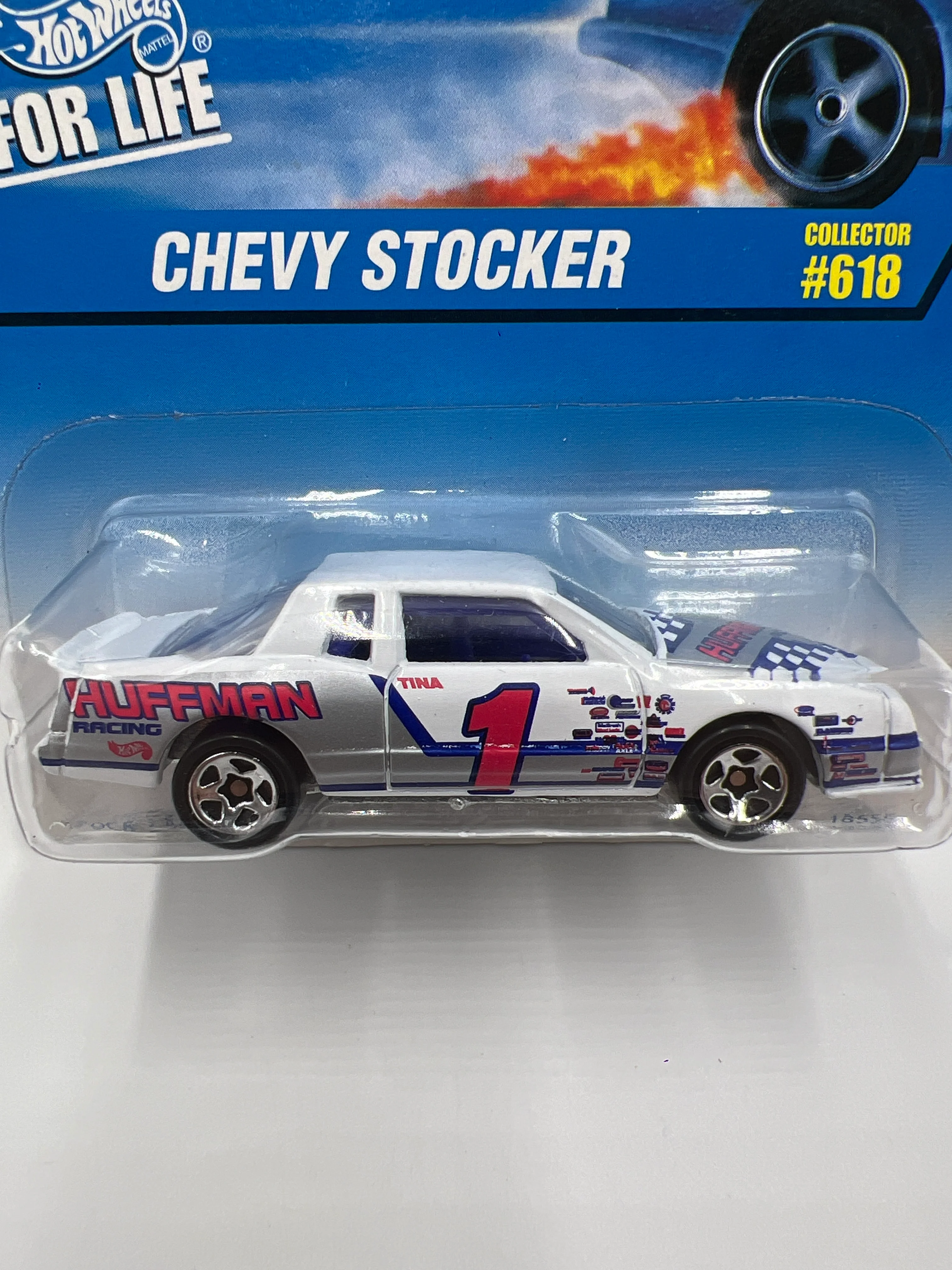 1997 Hot Wheels Collector #618 Chevy Stocker White Bad Card 240B - Image 2