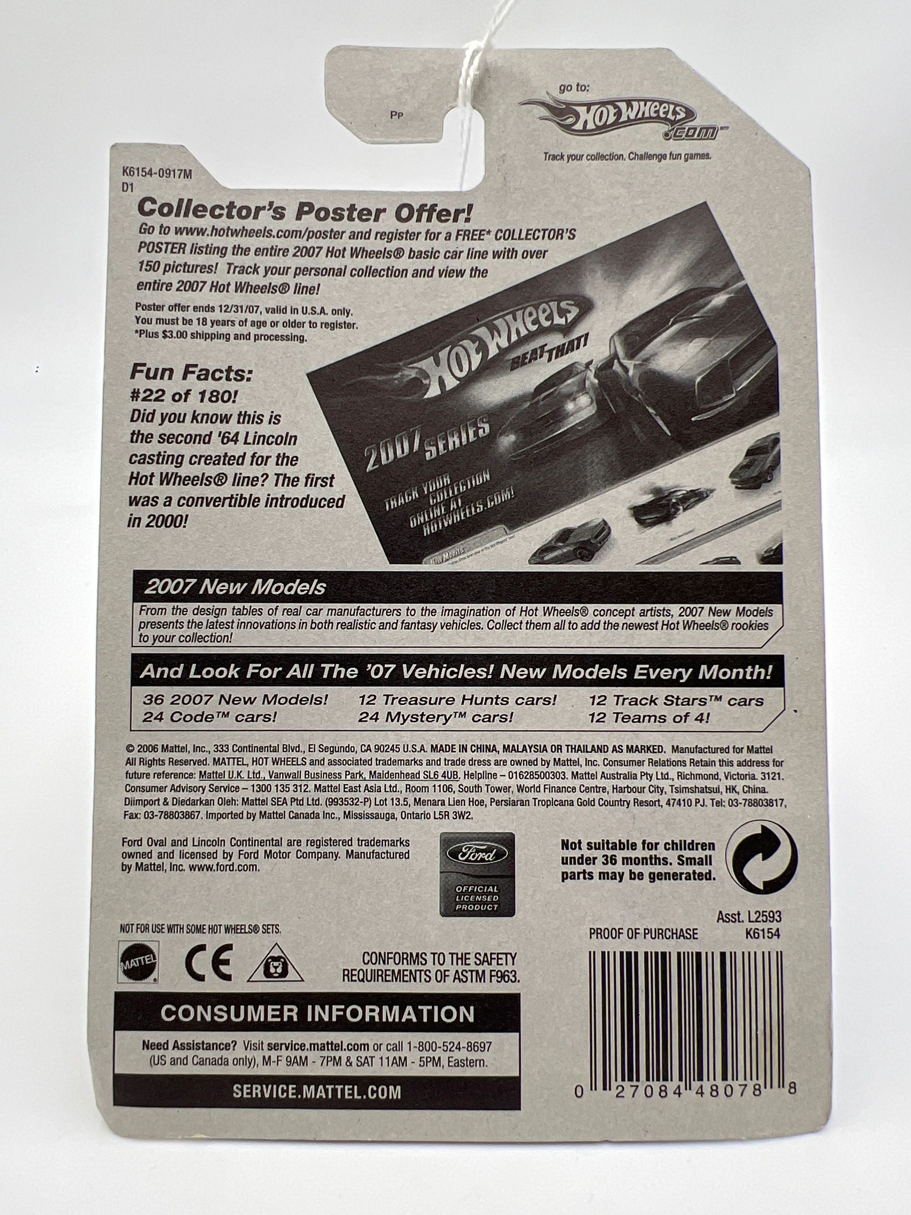 2007 Hot Wheels New Models #022 64 Lincoln Continental White 56A - Image 6