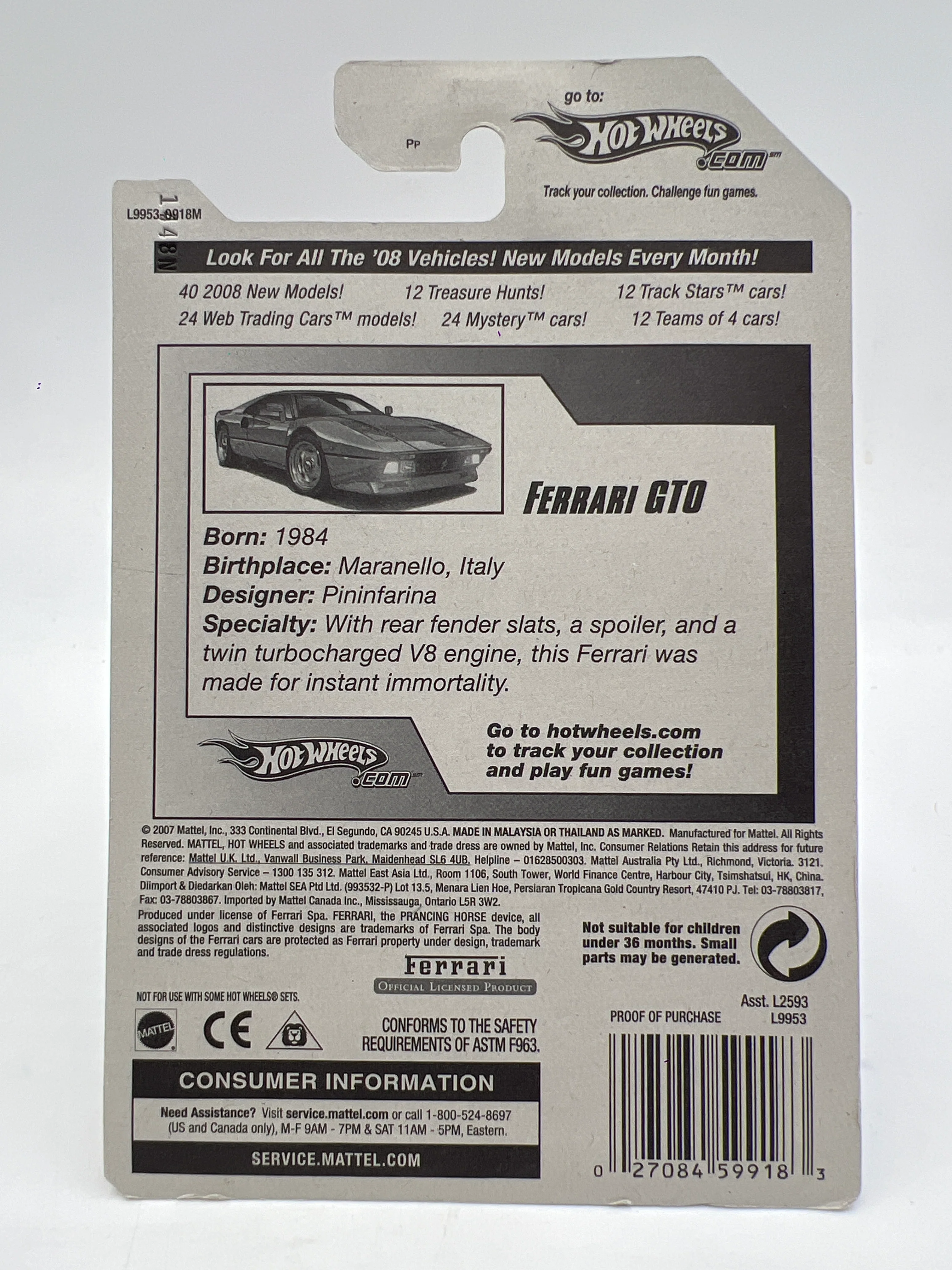 2008 Hot Wheels New Models #38 Ferrari GTO Red W/Protector - Image 8
