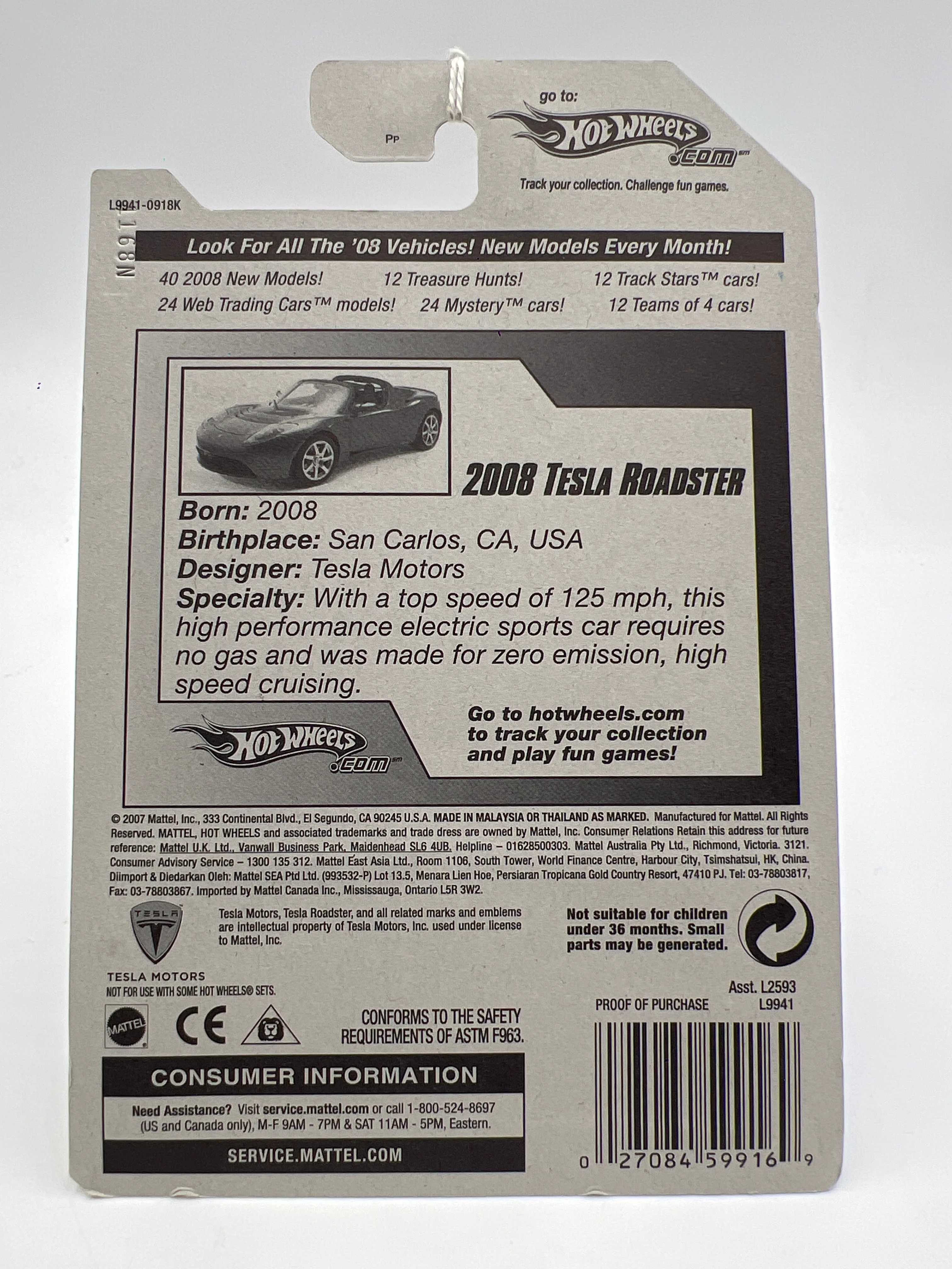 2008 Hot Wheels New Models #26 2008 Tesla Roadster Blue 48D - Image 7
