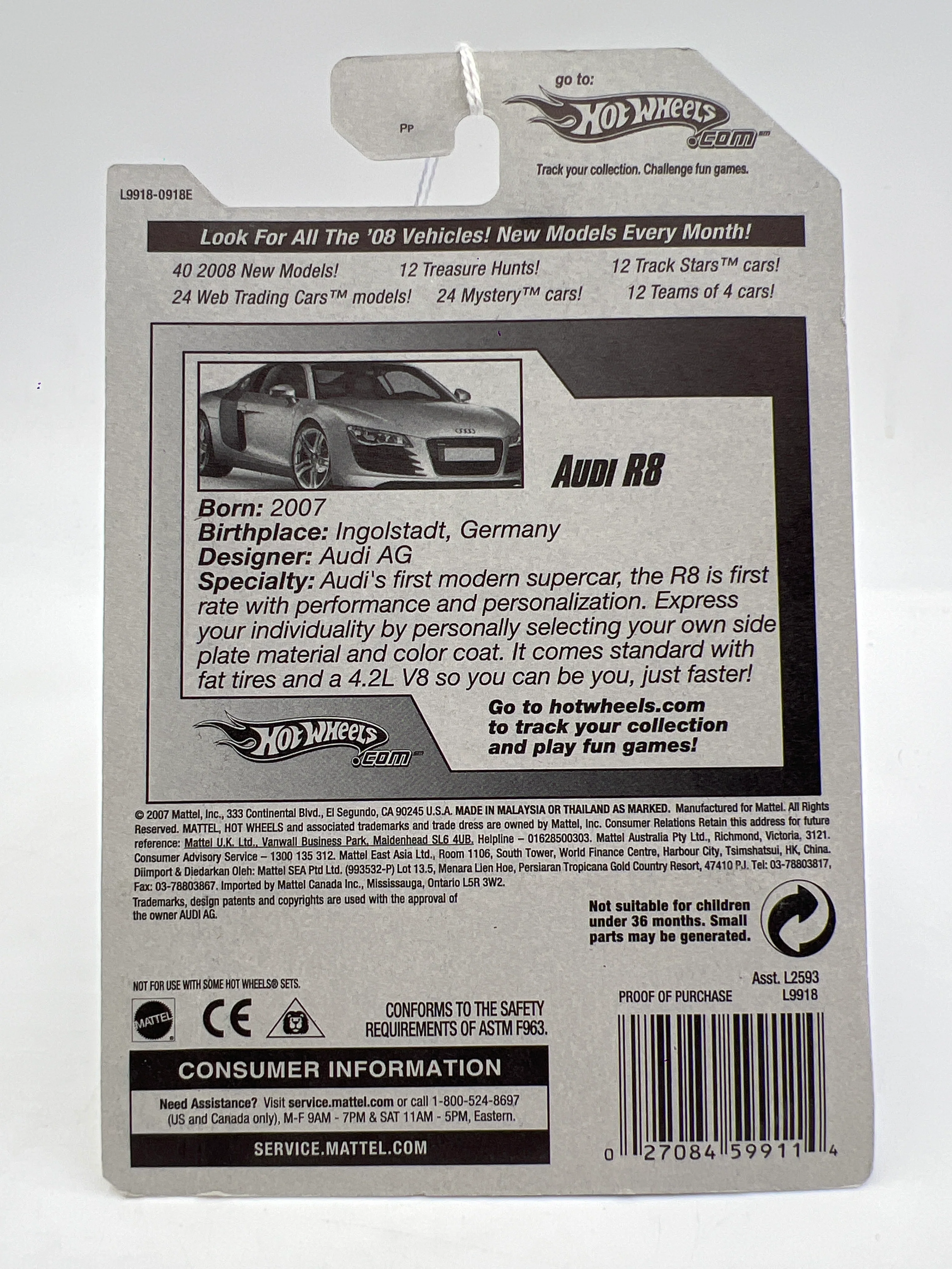 2008 Hot Wheels New Models #3 Audi R8 Black 106C - Image 7