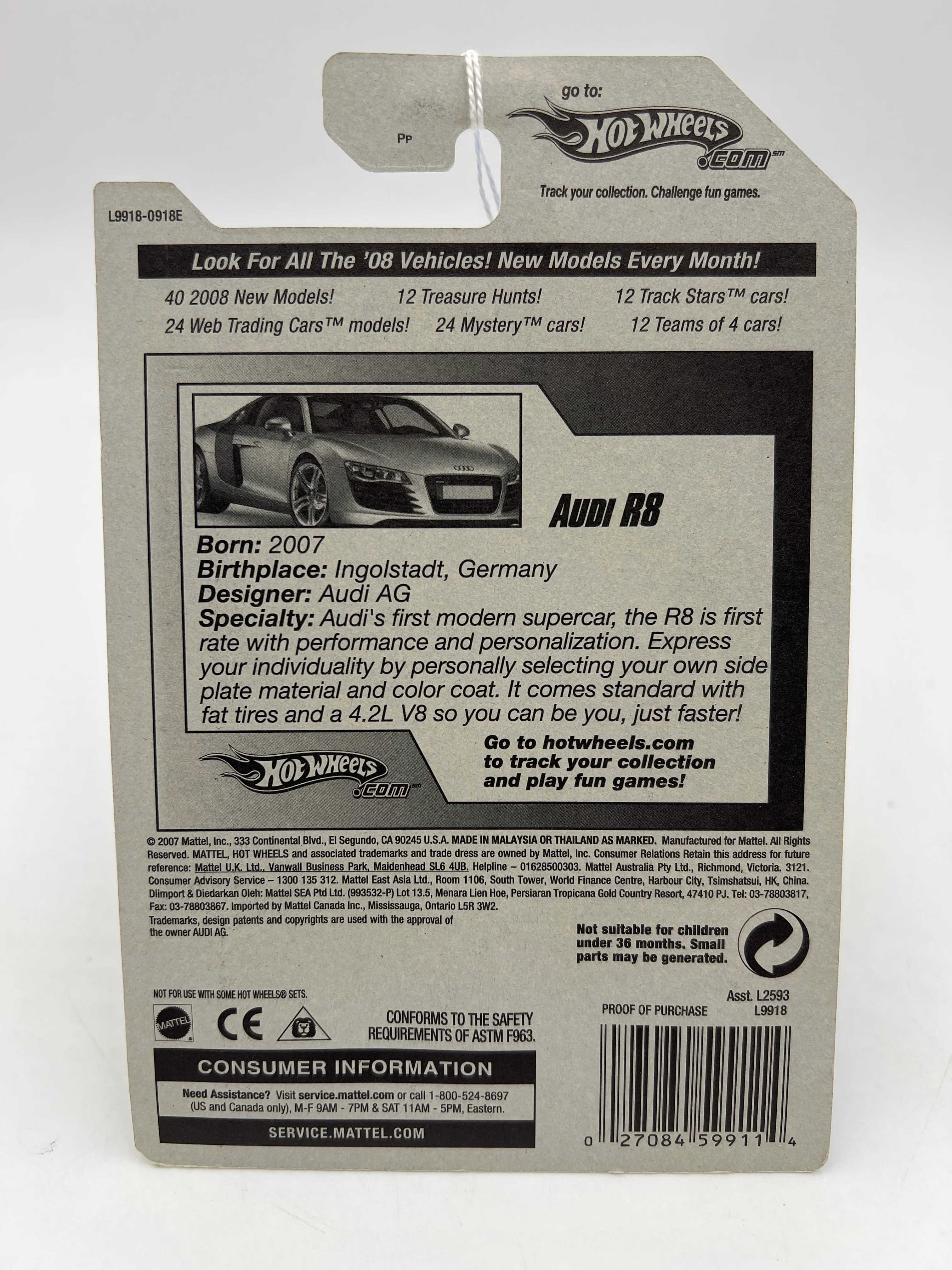 2008 Hot Wheels New Models #3 Audi R8 (OH5 Wheels) 107E - Image 6