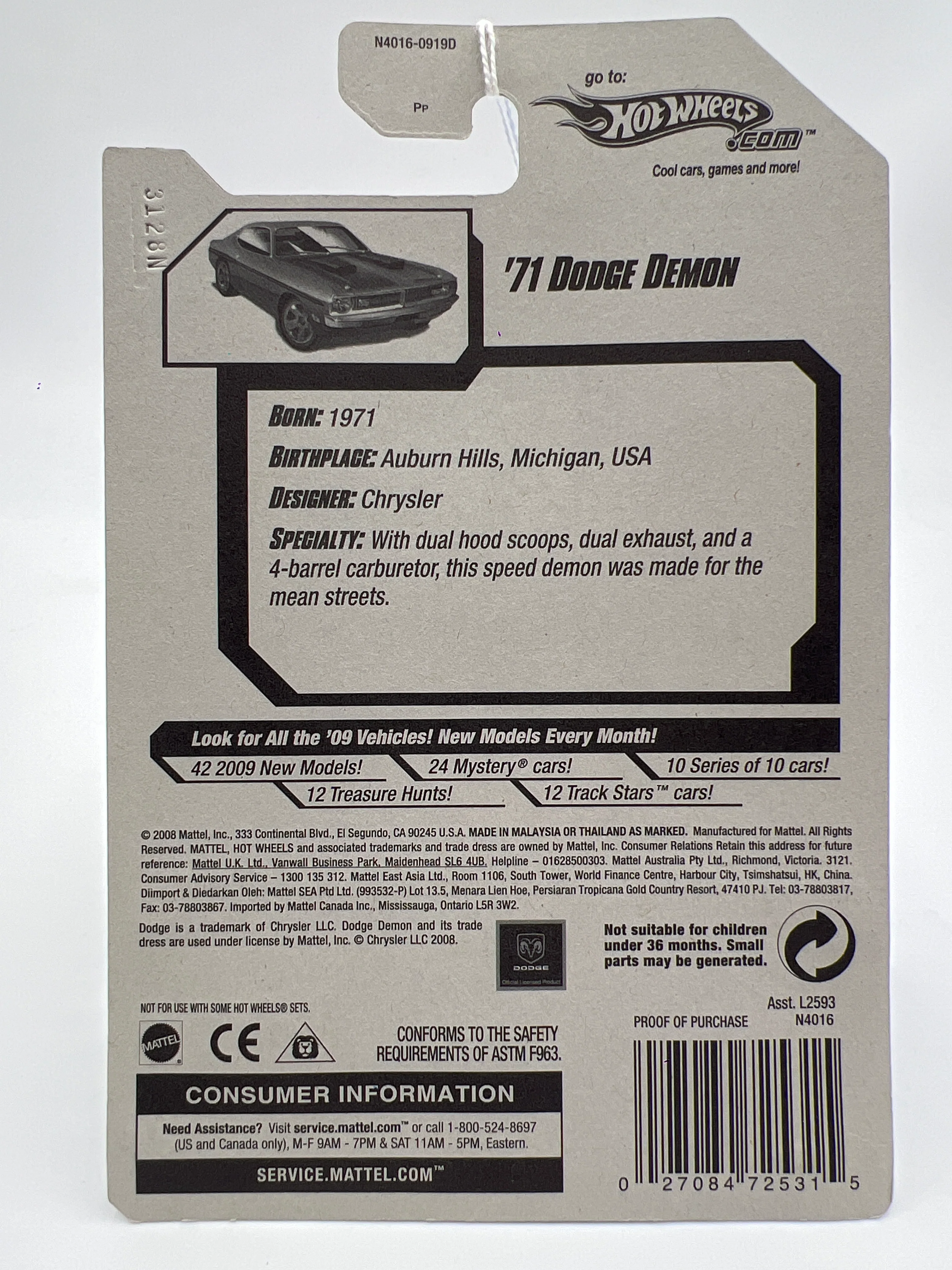 2009 Hot Wheels New Models #13 71 Dodge Demon Purple 50E - Image 6
