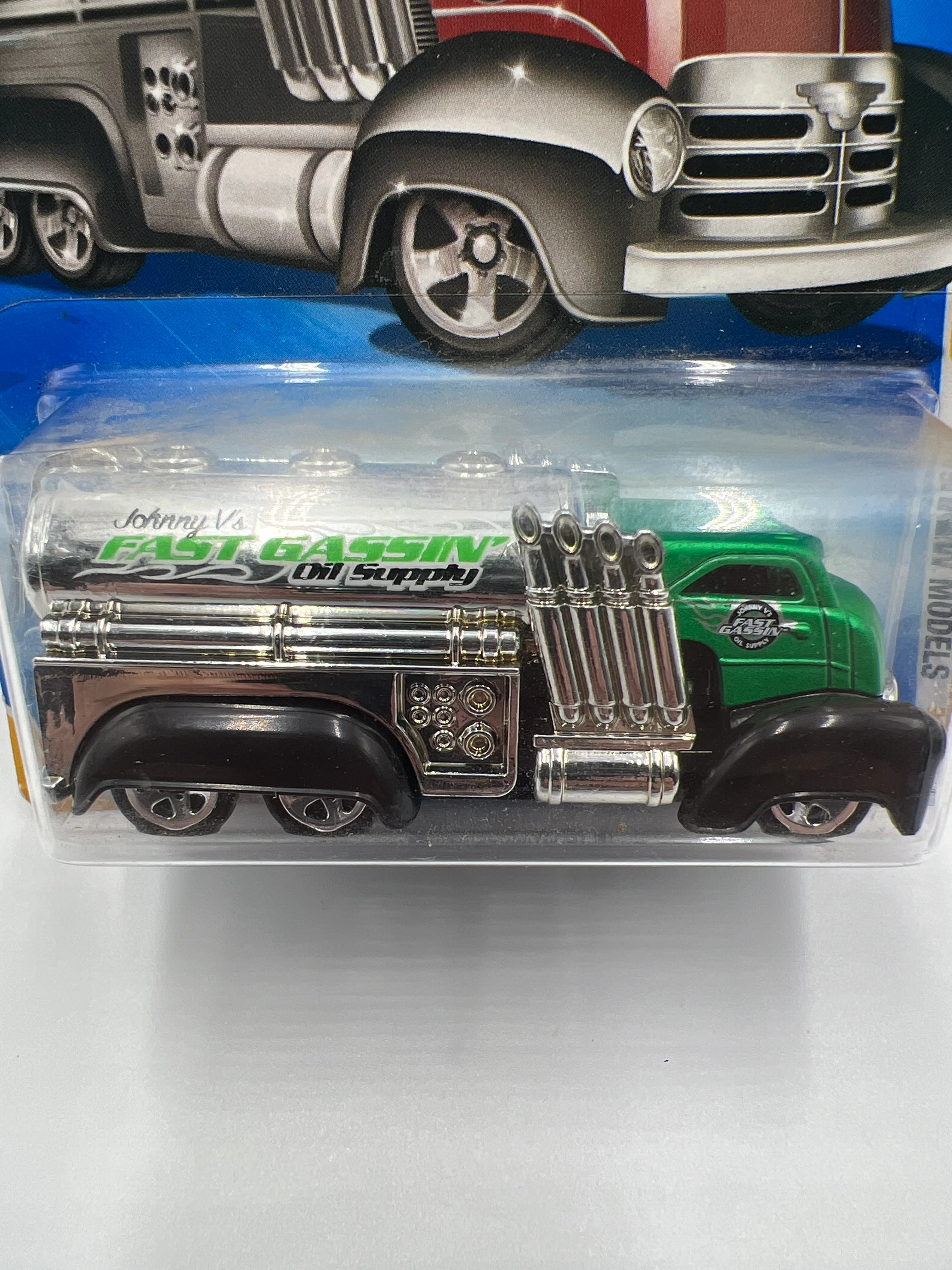 2009 Hot Wheels New Models #14 Fast Gassin Green With Red Card Art aa5 - Image 3