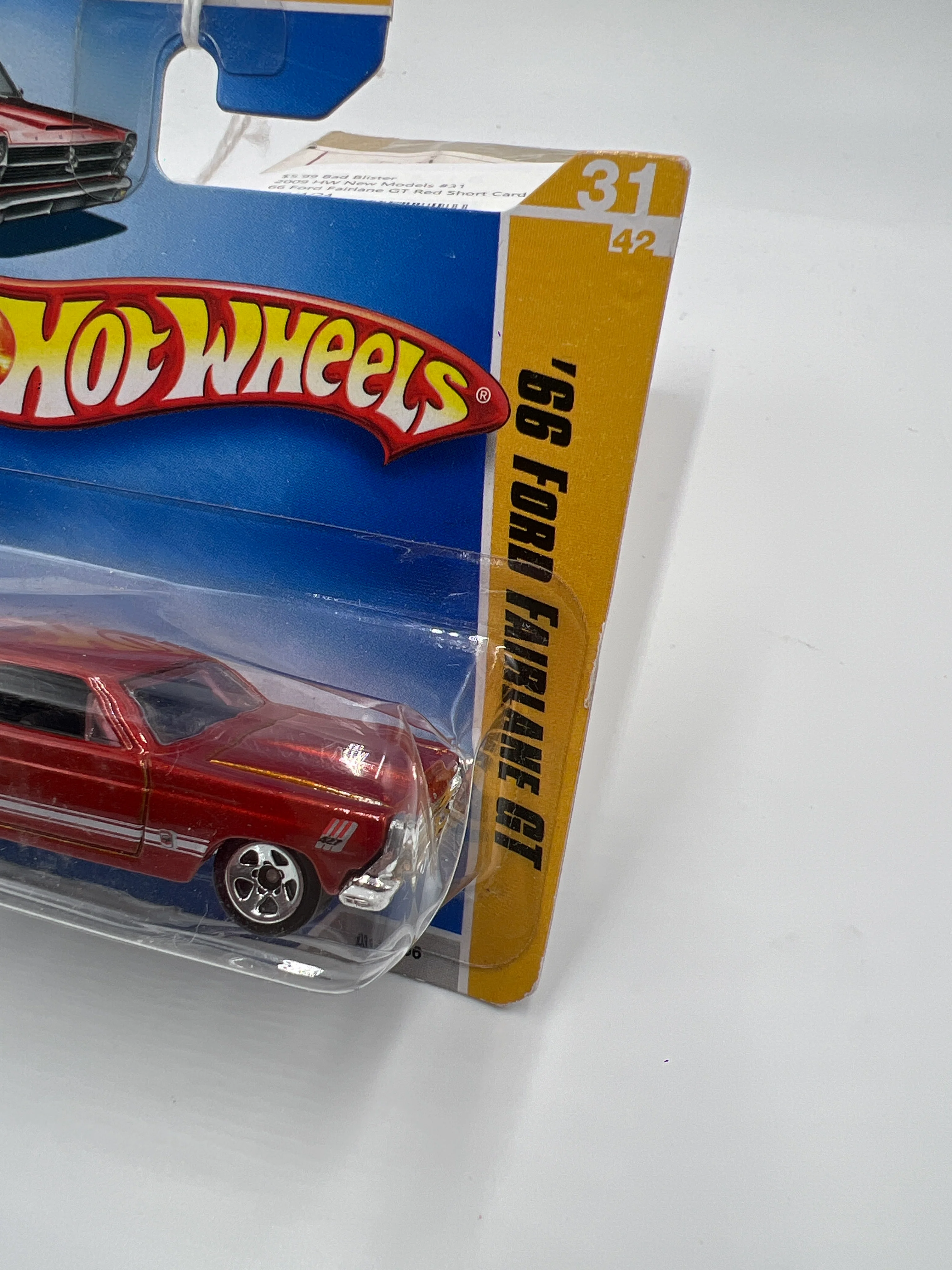 2009 Hot Wheels New Models Premiere #31 66 Ford Fairlane GT Red Short Card Bad Blister 31A - Image 4